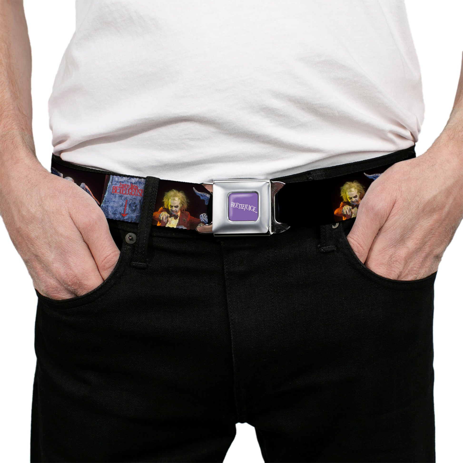 BEETLEJUICE Text Logo Full Color Purple/White Seatbelt Belt - Beetlejuice Graveyard Gargoyle Pose Black Webbing Seatbelt Belts Beetlejuice