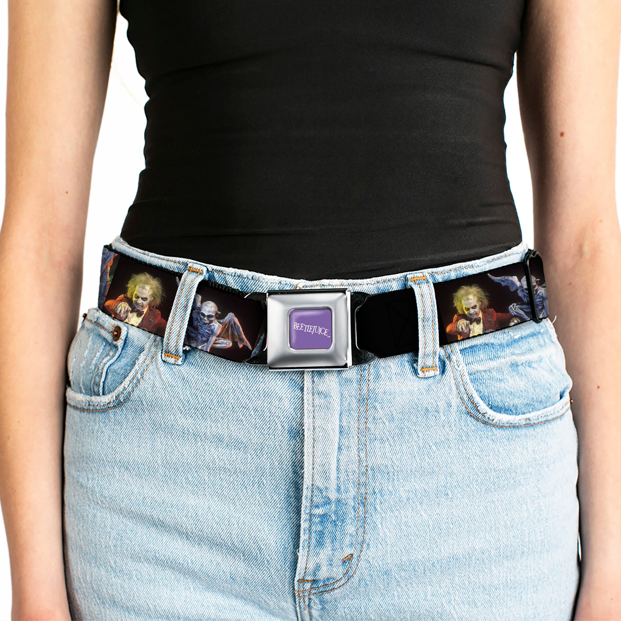 BEETLEJUICE Text Logo Full Color Purple/White Seatbelt Belt - Beetlejuice Graveyard Gargoyle Pose Black Webbing Seatbelt Belts Beetlejuice