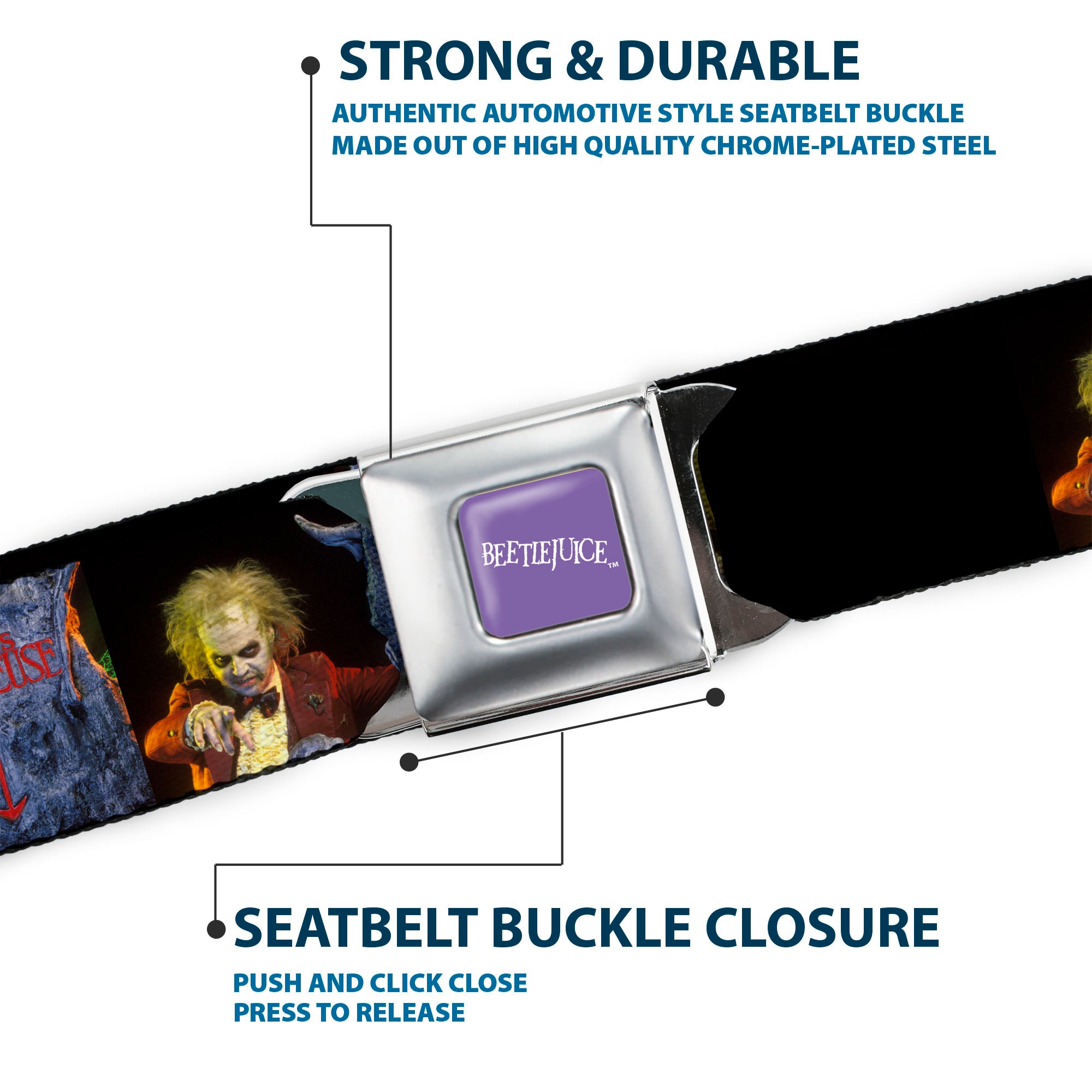 BEETLEJUICE Text Logo Full Color Purple/White Seatbelt Belt - Beetlejuice Graveyard Gargoyle Pose Black Webbing Seatbelt Belts Beetlejuice