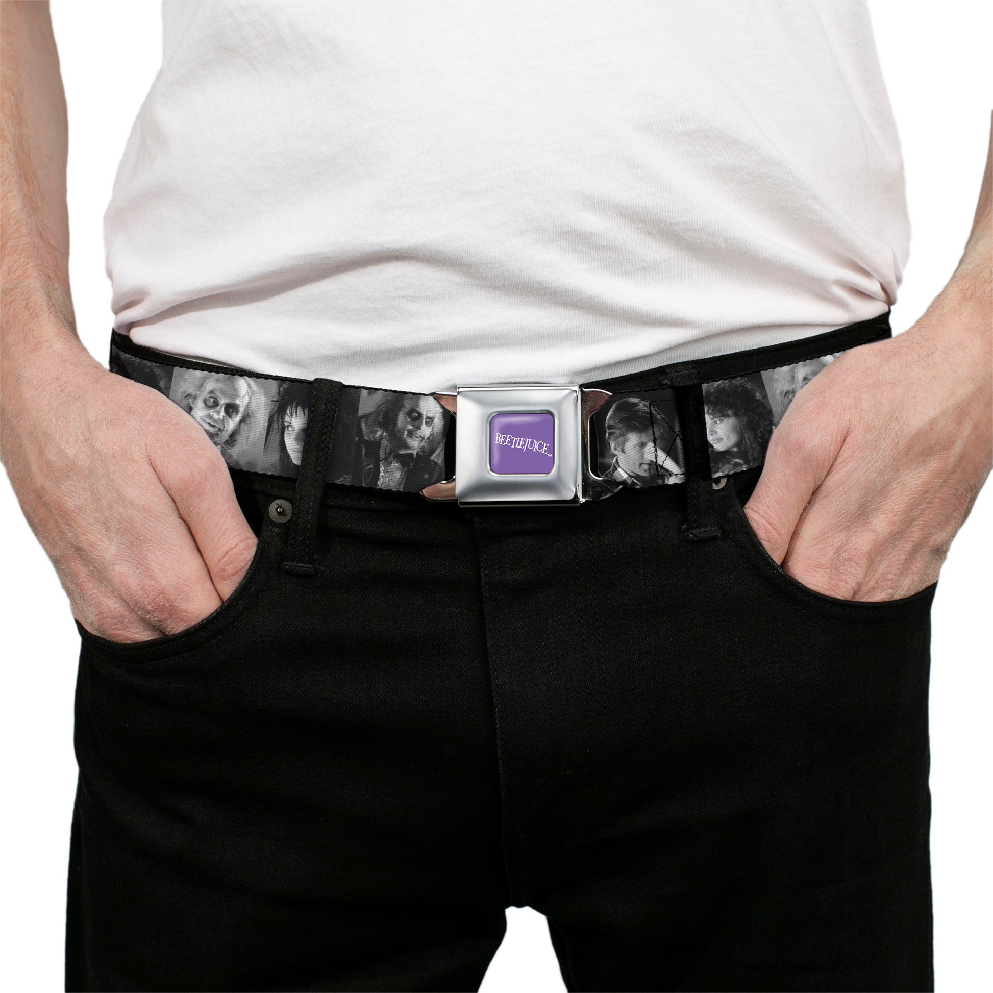 BEETLEJUICE Text Logo Full Color Purple/White Seatbelt Belt - Beetlejuice Character Face Blocks Black/White Webbing Seatbelt Belts Beetlejuice