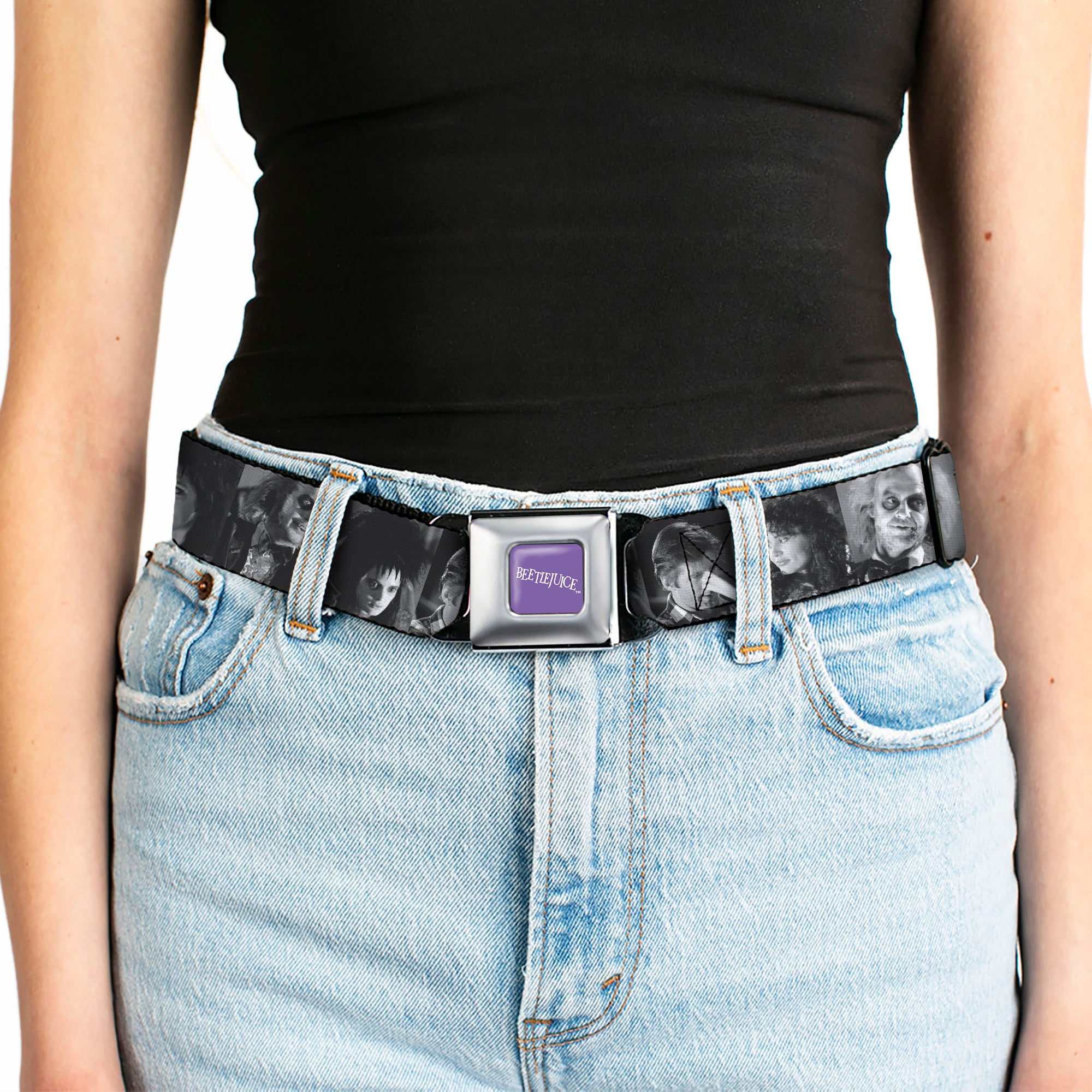 BEETLEJUICE Text Logo Full Color Purple/White Seatbelt Belt - Beetlejuice Character Face Blocks Black/White Webbing Seatbelt Belts Beetlejuice