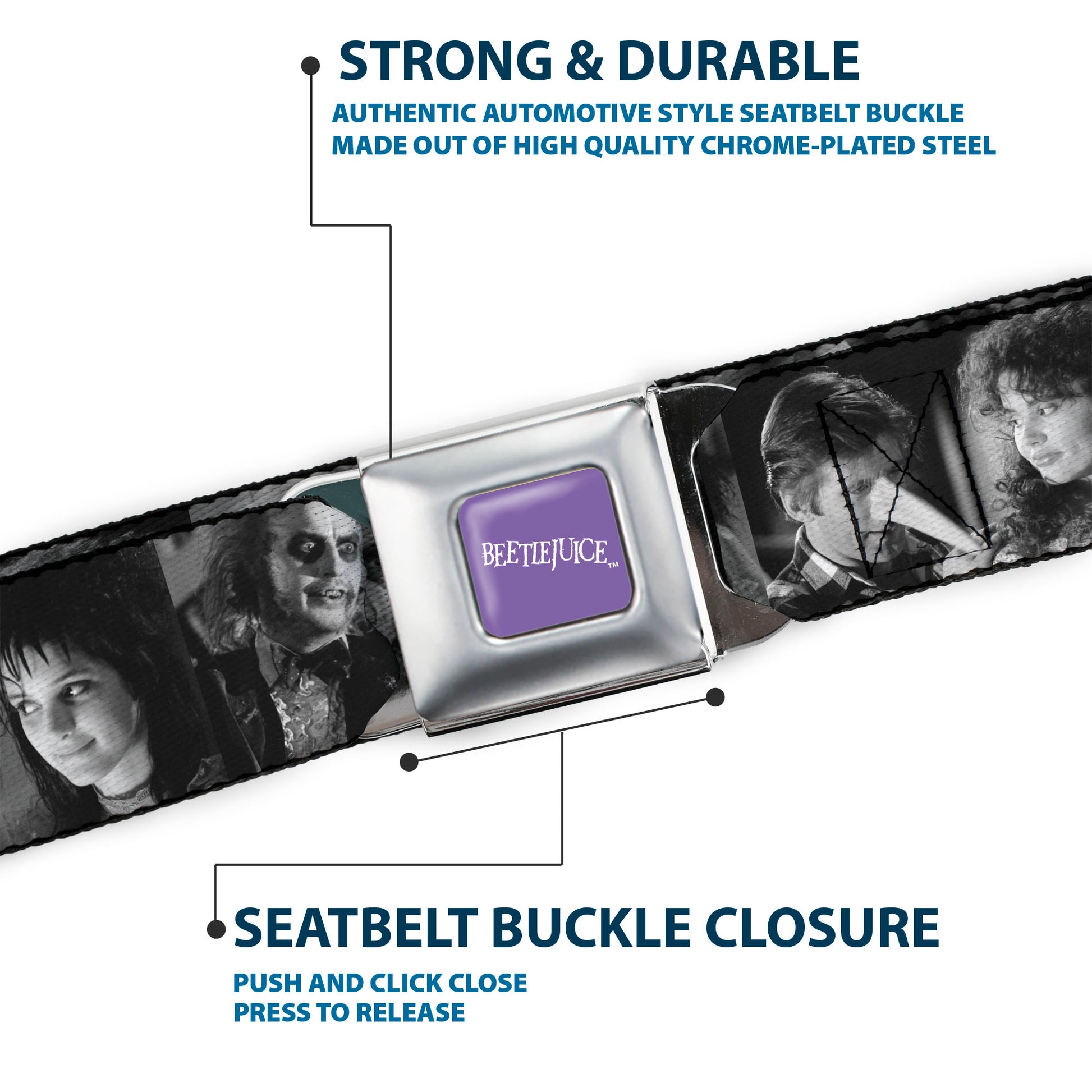 BEETLEJUICE Text Logo Full Color Purple/White Seatbelt Belt - Beetlejuice Character Face Blocks Black/White Webbing Seatbelt Belts Beetlejuice