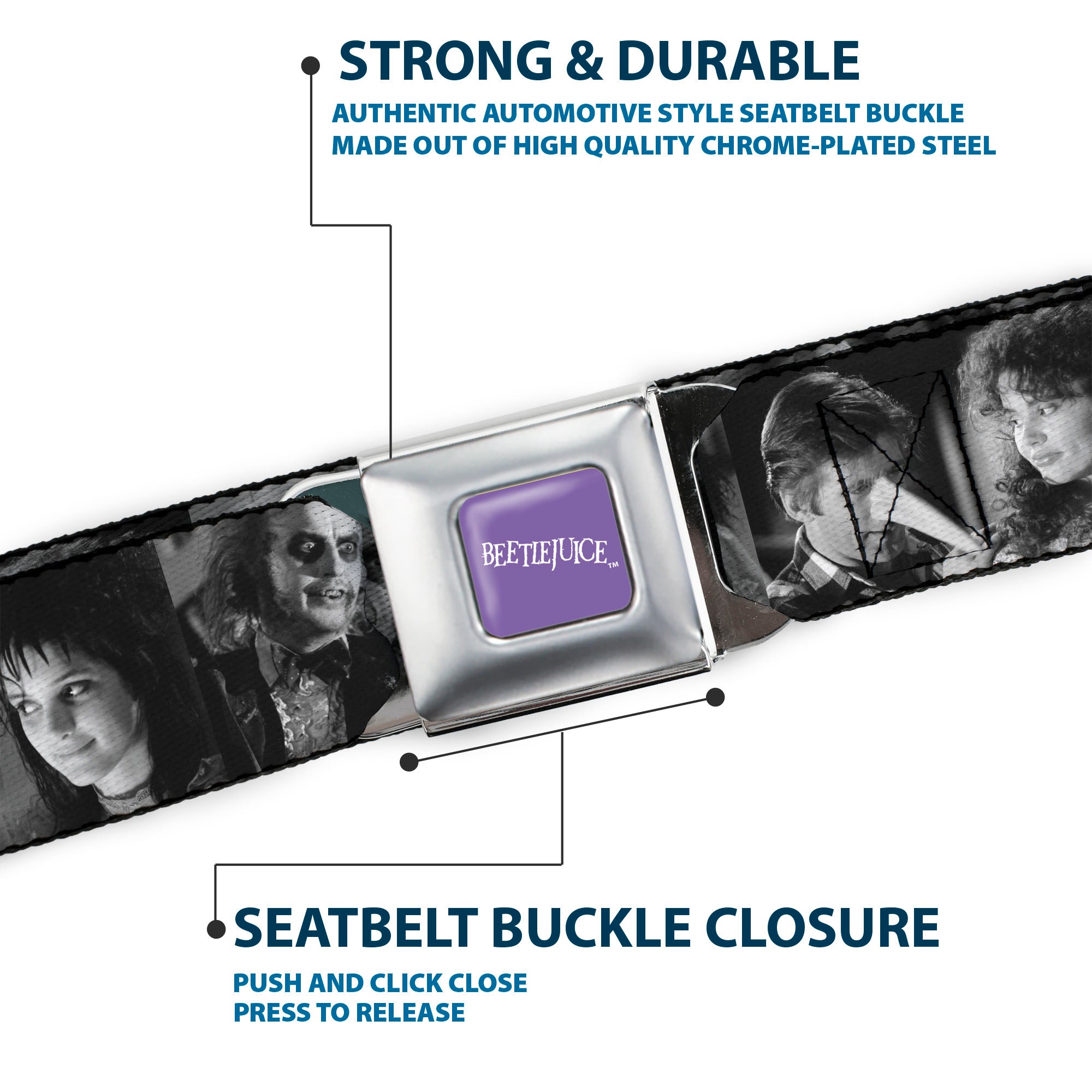 BEETLEJUICE Text Logo Full Color Purple/White Seatbelt Belt - Beetlejuice Character Face Blocks Black/White Webbing Seatbelt Belts Beetlejuice