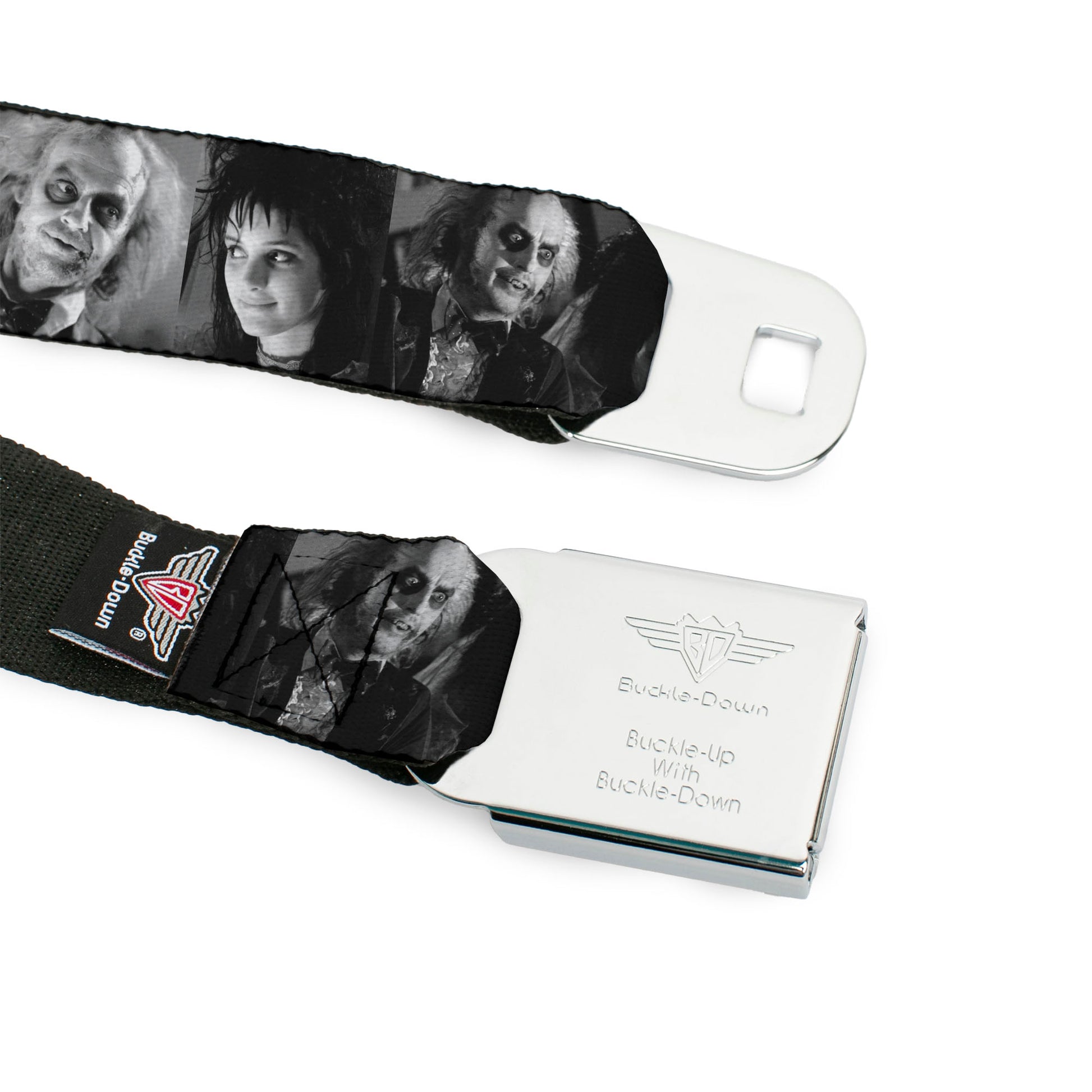 BEETLEJUICE Text Logo Full Color Purple/White Seatbelt Belt - Beetlejuice Character Face Blocks Black/White Webbing Seatbelt Belts Beetlejuice