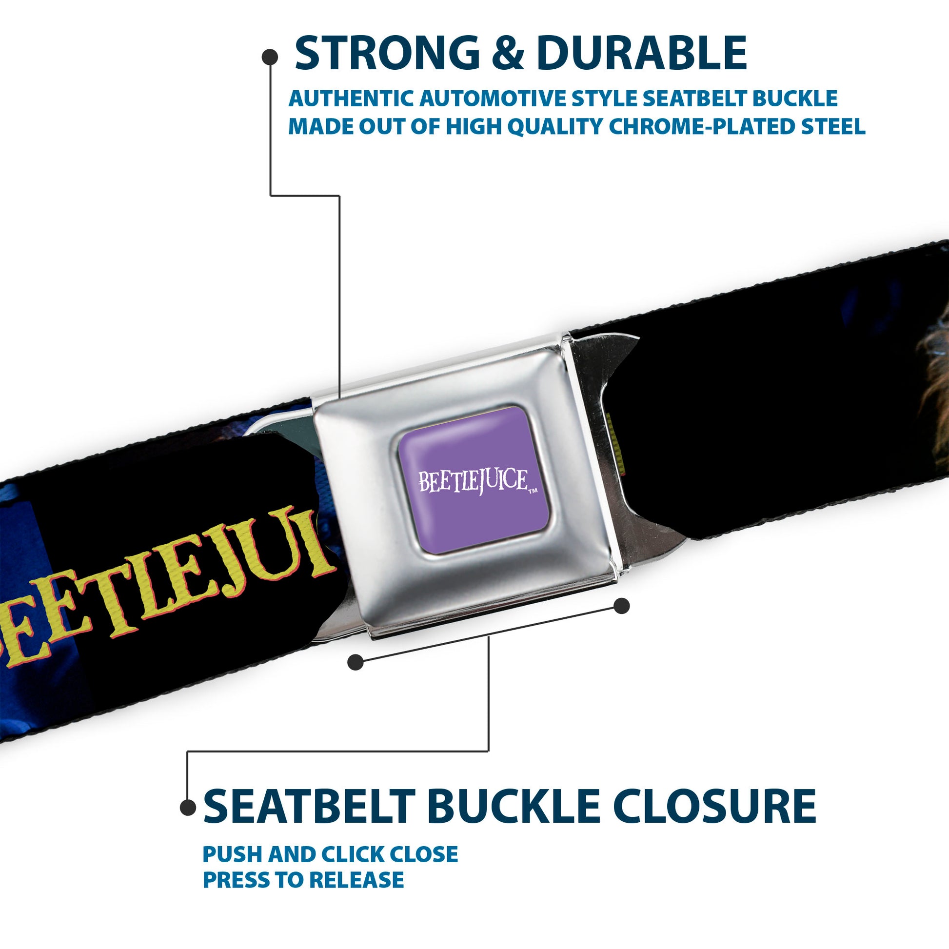 BEETLEJUICE Text Logo Full Color Purple/White Seatbelt Belt - BEETLEJUICE Title Logo and Expressions Black Webbing Seatbelt Belts Beetlejuice