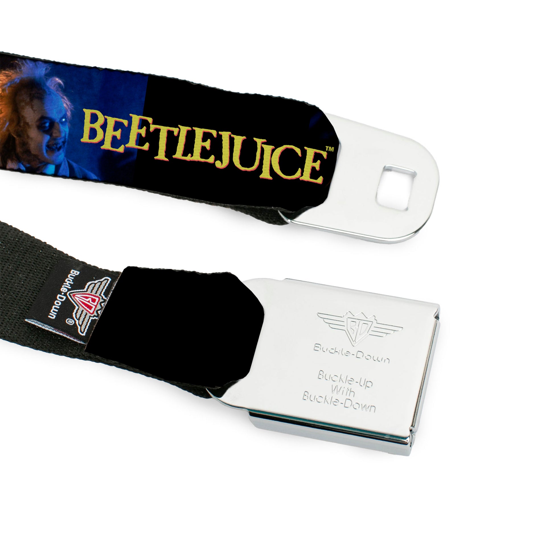BEETLEJUICE Text Logo Full Color Purple/White Seatbelt Belt - BEETLEJUICE Title Logo and Expressions Black Webbing Seatbelt Belts Beetlejuice