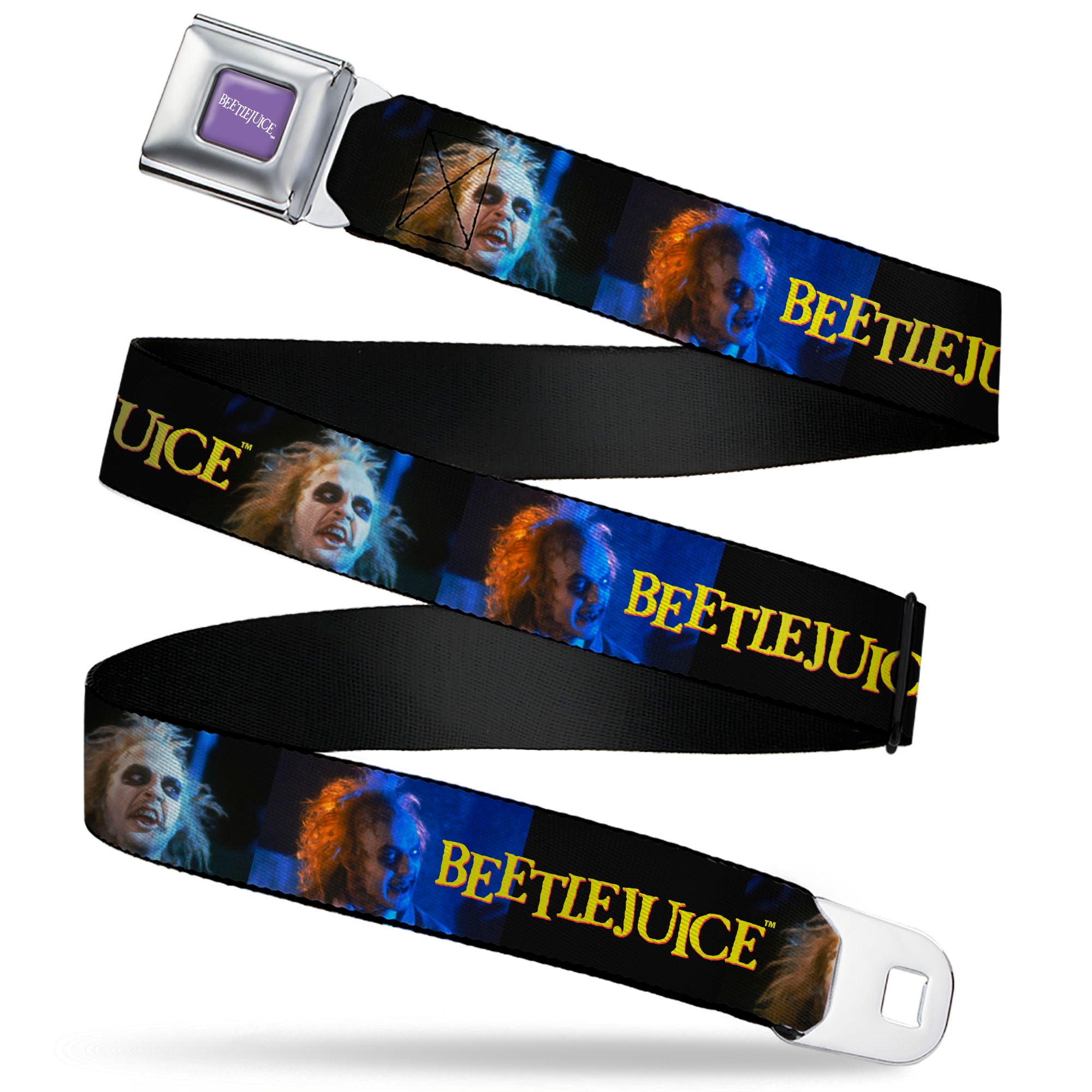 BEETLEJUICE Text Logo Full Color Purple/White Seatbelt Belt - BEETLEJUICE Title Logo and Expressions Black Webbing Seatbelt Belts Beetlejuice