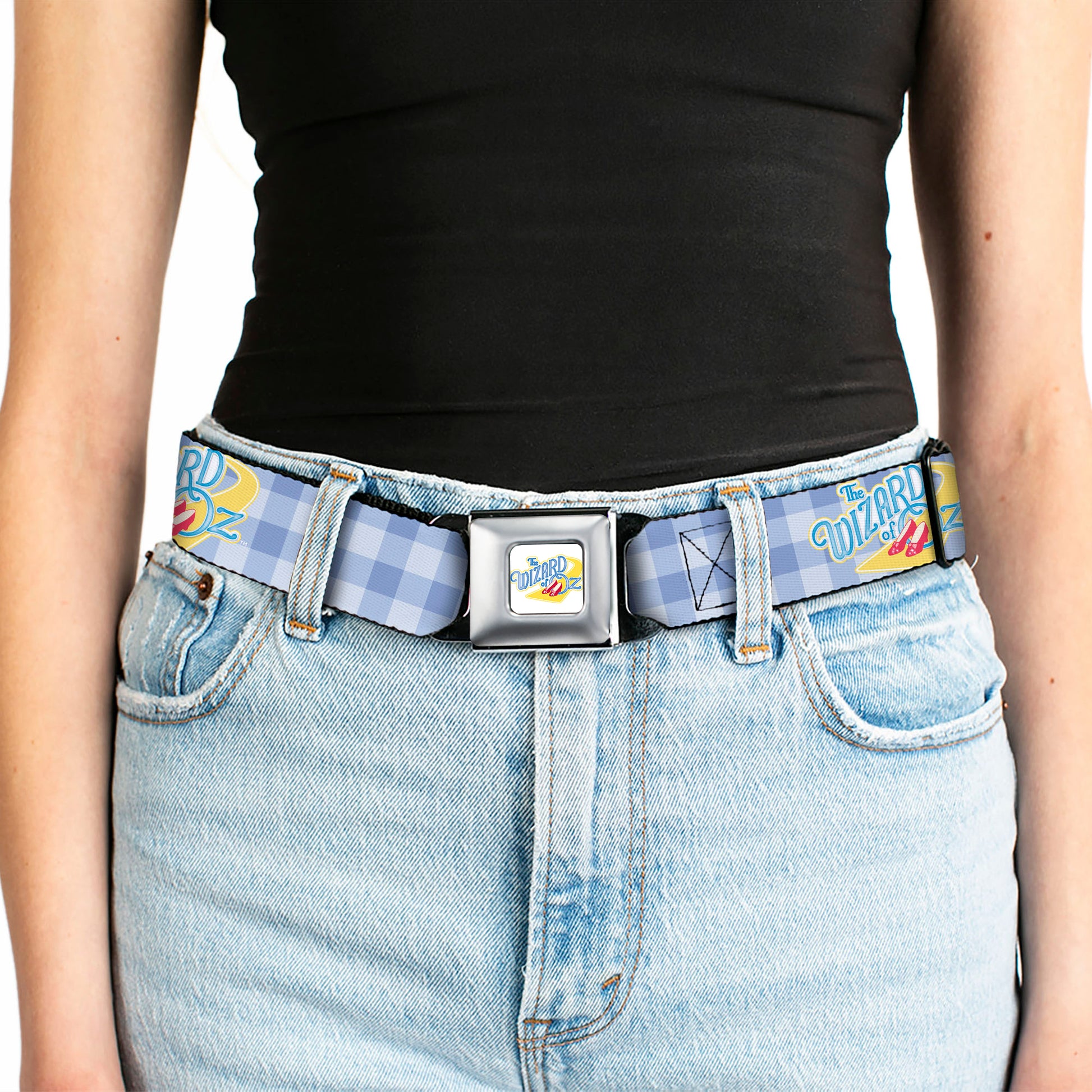 THE WIZARD OF OZ Logo Full Color White Seatbelt Belt - THE WIZARD OF OZ Logo Gingham Checker Blues Webbing Seatbelt Belts The Wizard of Oz