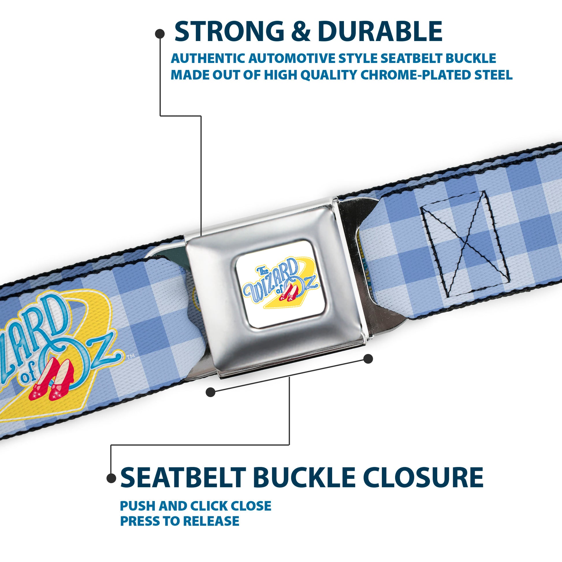 THE WIZARD OF OZ Logo Full Color White Seatbelt Belt - THE WIZARD OF OZ Logo Gingham Checker Blues Webbing Seatbelt Belts The Wizard of Oz