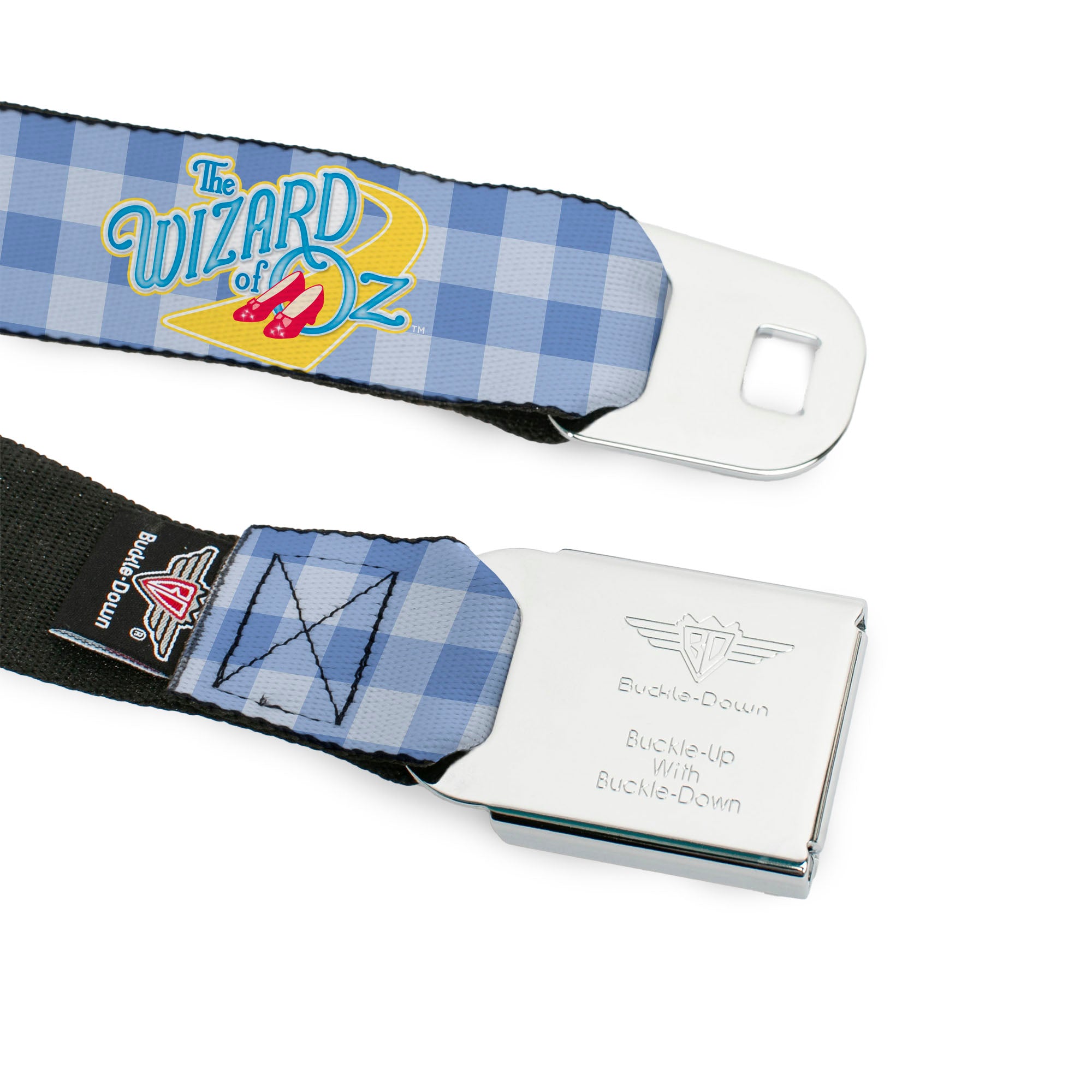 THE WIZARD OF OZ Logo Full Color White Seatbelt Belt - THE WIZARD OF OZ Logo Gingham Checker Blues Webbing Seatbelt Belts The Wizard of Oz