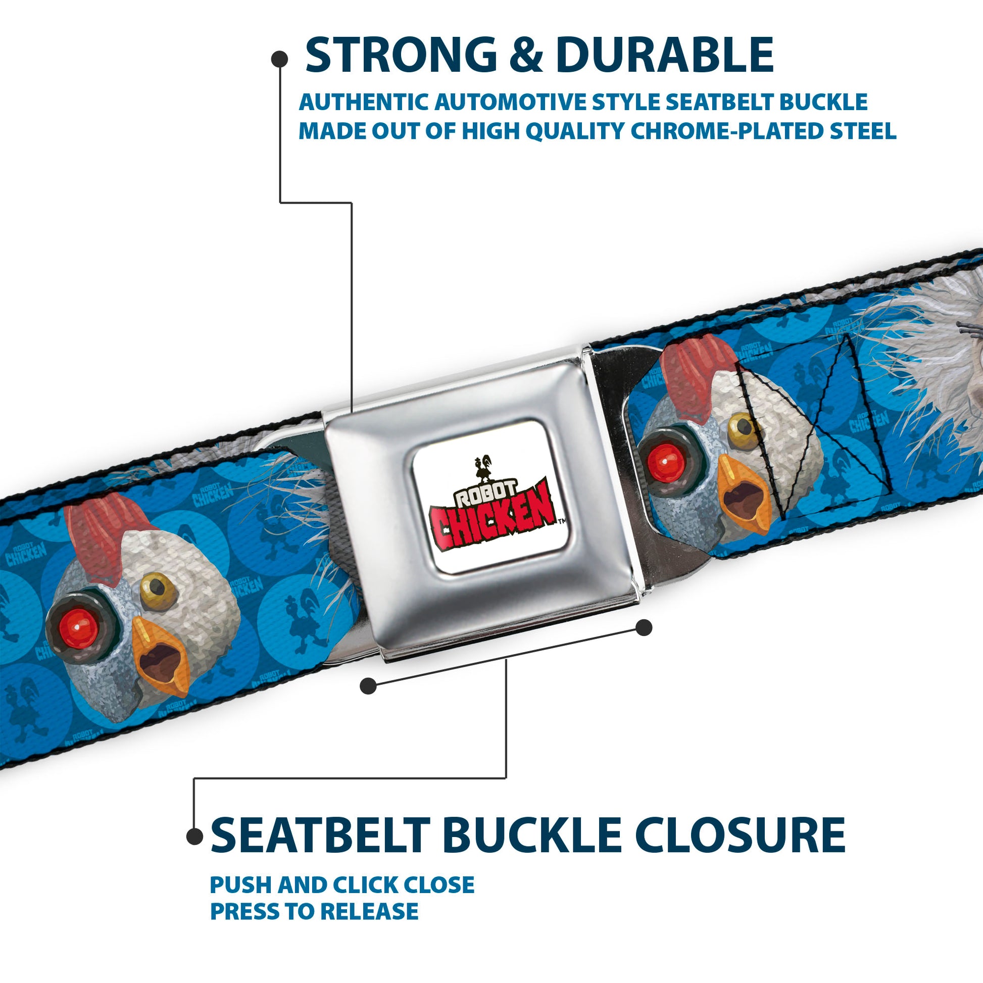 ROBOT CHICKEN Title Logo Full Color White/Black/Red Seatbelt Belt - Robot Chicken and Mad Scientist Expressions Blues Webbing Seatbelt Belts Robot Chicken