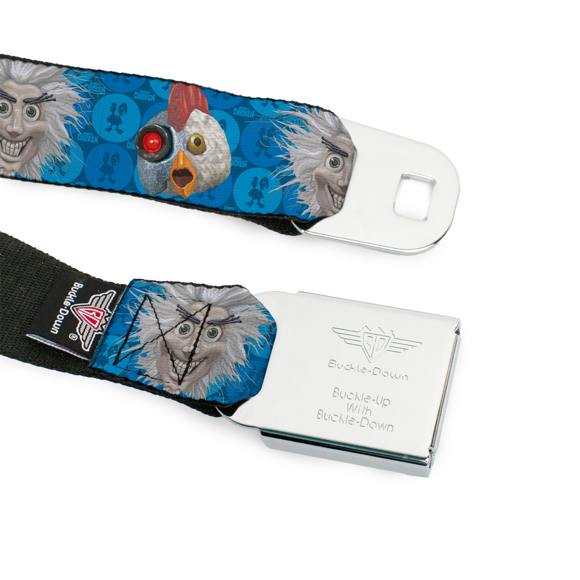 ROBOT CHICKEN Title Logo Full Color White/Black/Red Seatbelt Belt - Robot Chicken and Mad Scientist Expressions Blues Webbing Seatbelt Belts Robot Chicken