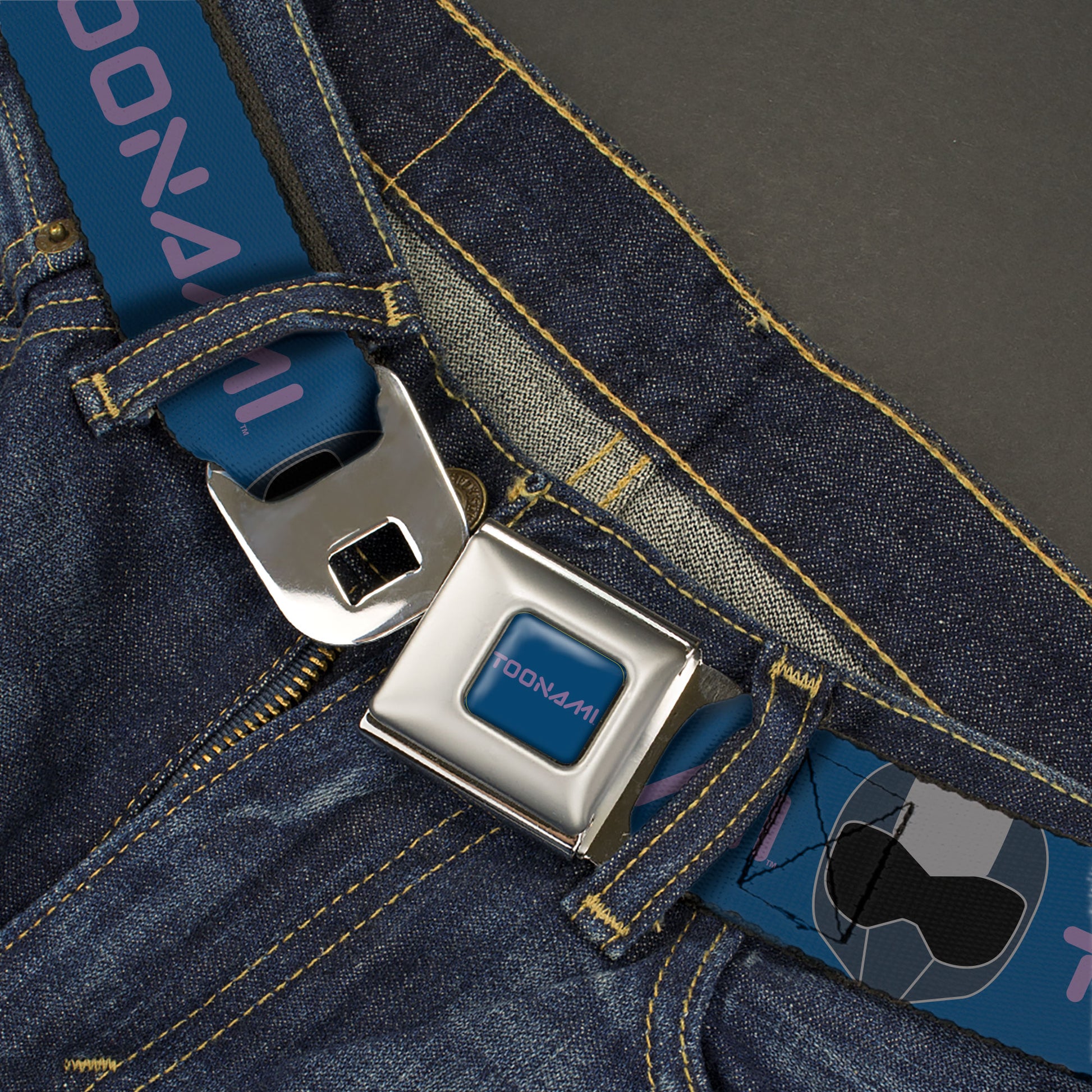 TOONAMI Title Logo Full Color Blue/Purple Seatbelt Belt - TOONAMI Title Logo and Robot TOM Head Blue/Purple/Grays Webbing Seatbelt Belts Toonami