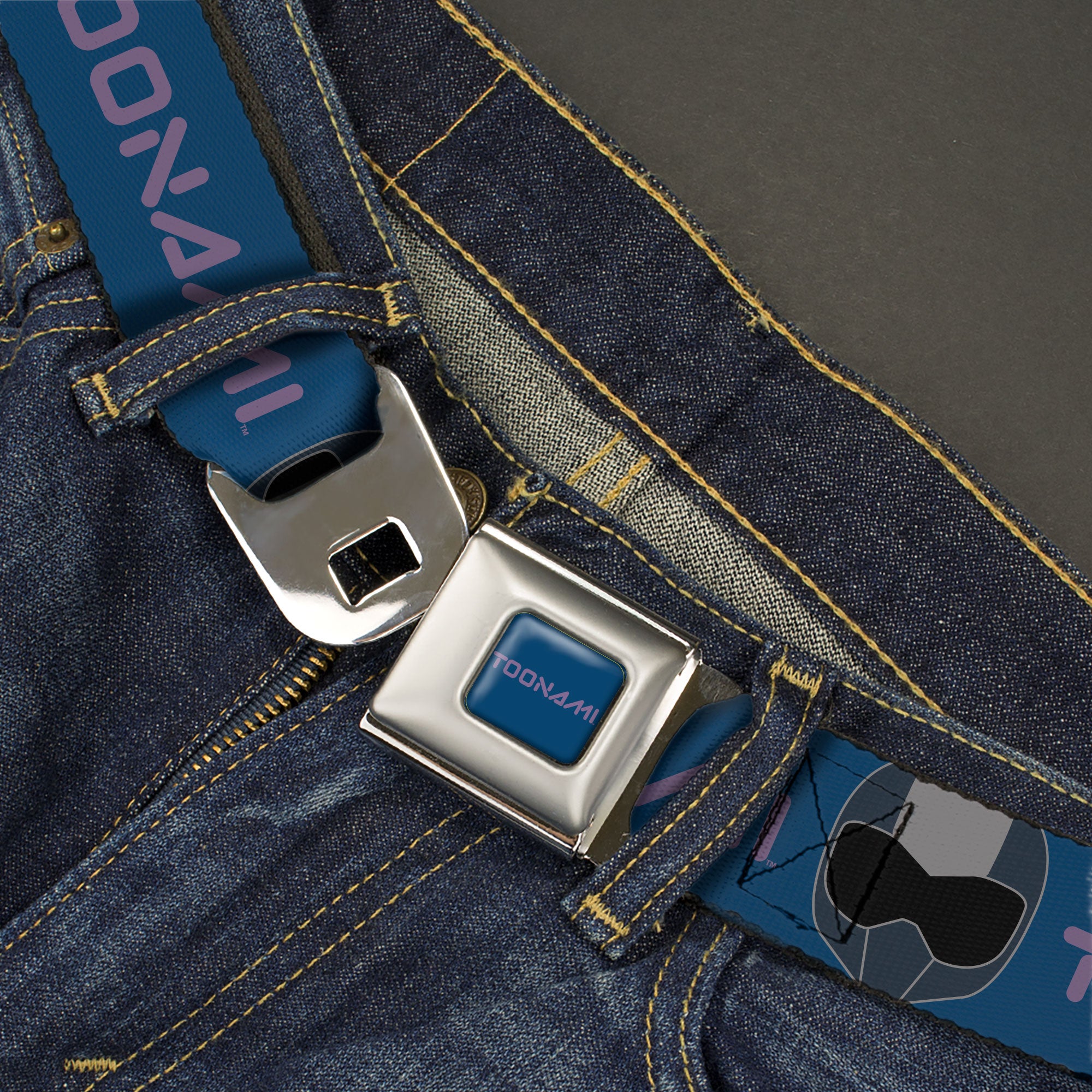 TOONAMI Title Logo Full Color Blue/Purple Seatbelt Belt - TOONAMI Title Logo and Robot TOM Head Blue/Purple/Grays Webbing Seatbelt Belts Toonami