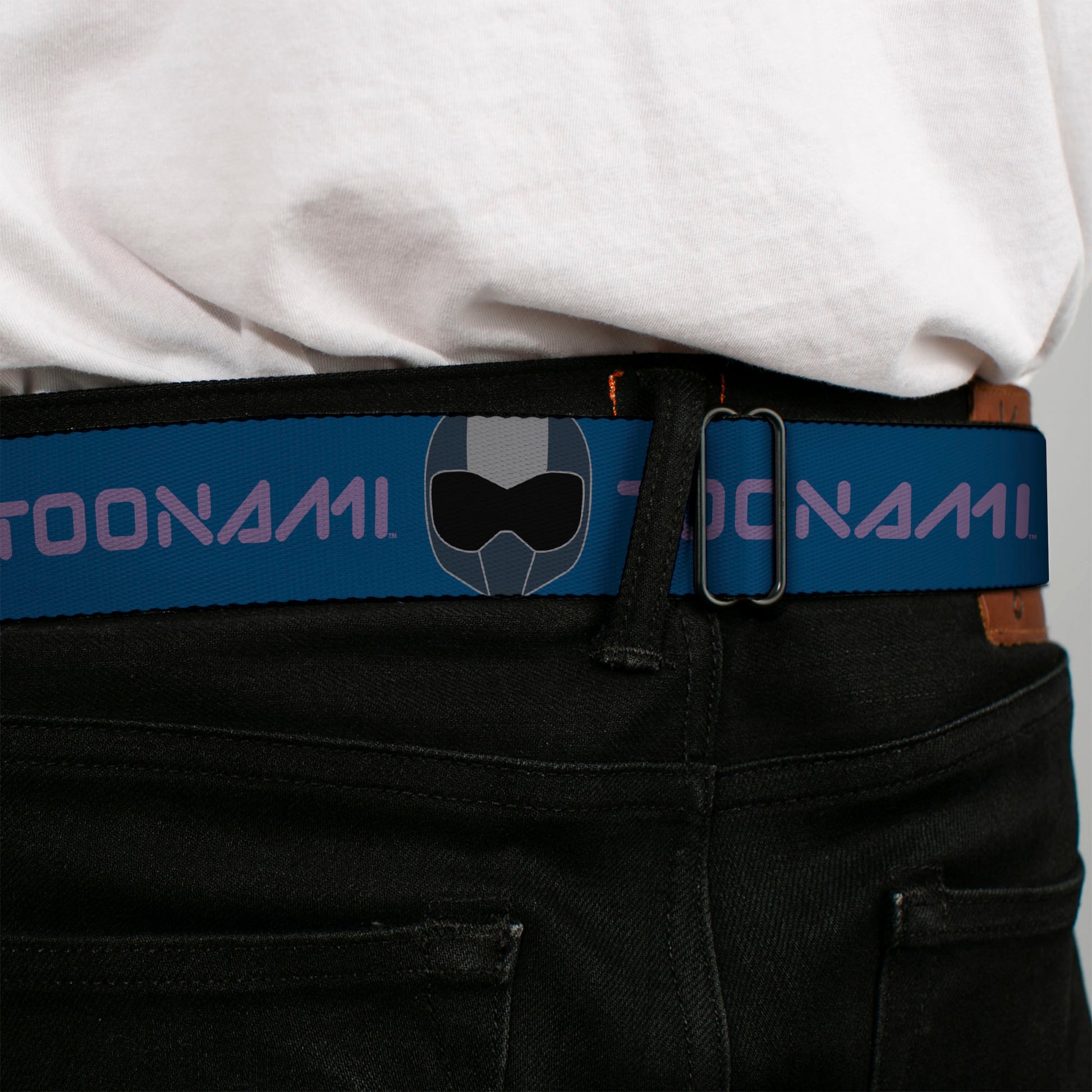 TOONAMI Title Logo Full Color Blue/Purple Seatbelt Belt - TOONAMI Title Logo and Robot TOM Head Blue/Purple/Grays Webbing Seatbelt Belts Toonami