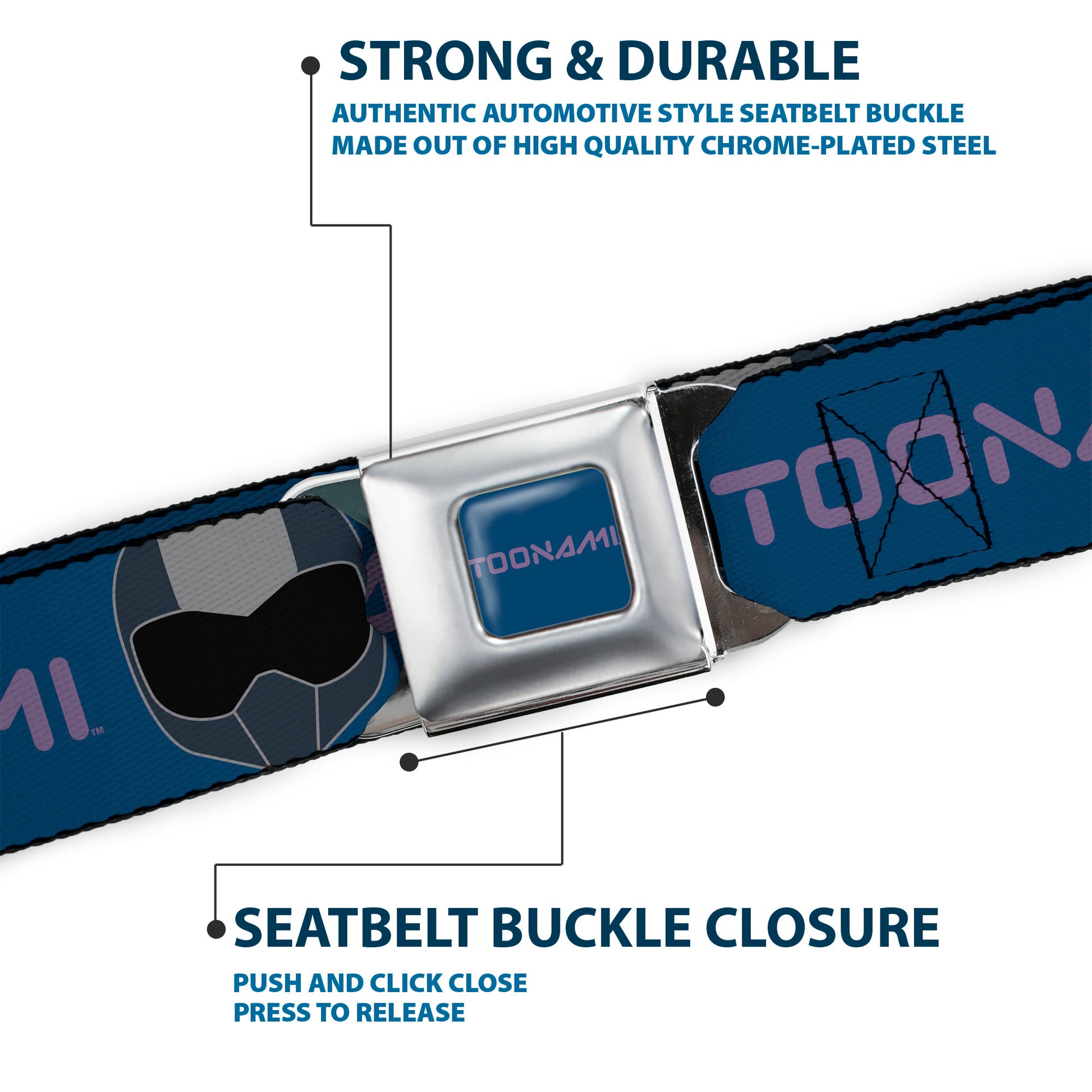 TOONAMI Title Logo Full Color Blue/Purple Seatbelt Belt - TOONAMI Title Logo and Robot TOM Head Blue/Purple/Grays Webbing Seatbelt Belts Toonami
