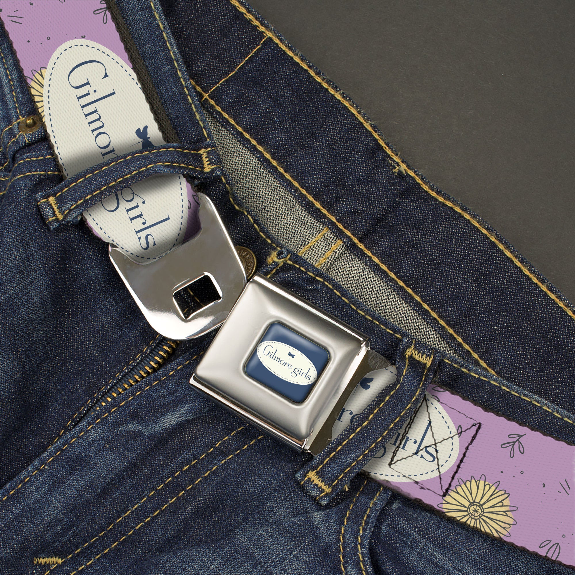 GILMORE GIRLS Title Logo Full Color Blue/White Seatbelt Belt - GILMORE GIRLS Title Logo and Flower Petals Lavender/White/Blue Webbing Seatbelt Belts Gilmore Girls