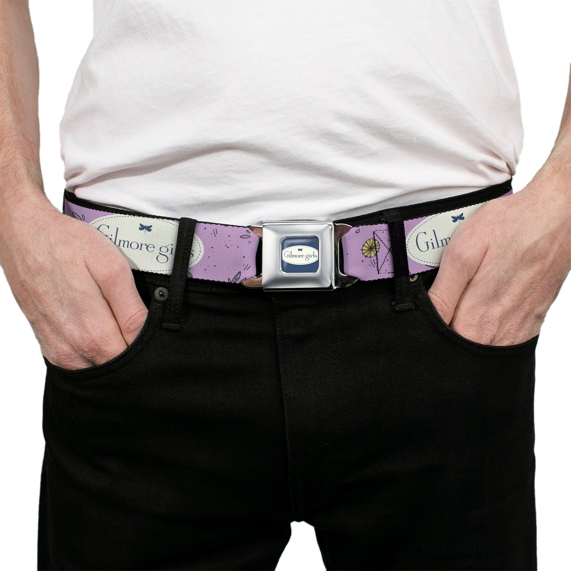 GILMORE GIRLS Title Logo Full Color Blue/White Seatbelt Belt - GILMORE GIRLS Title Logo and Flower Petals Lavender/White/Blue Webbing Seatbelt Belts Gilmore Girls