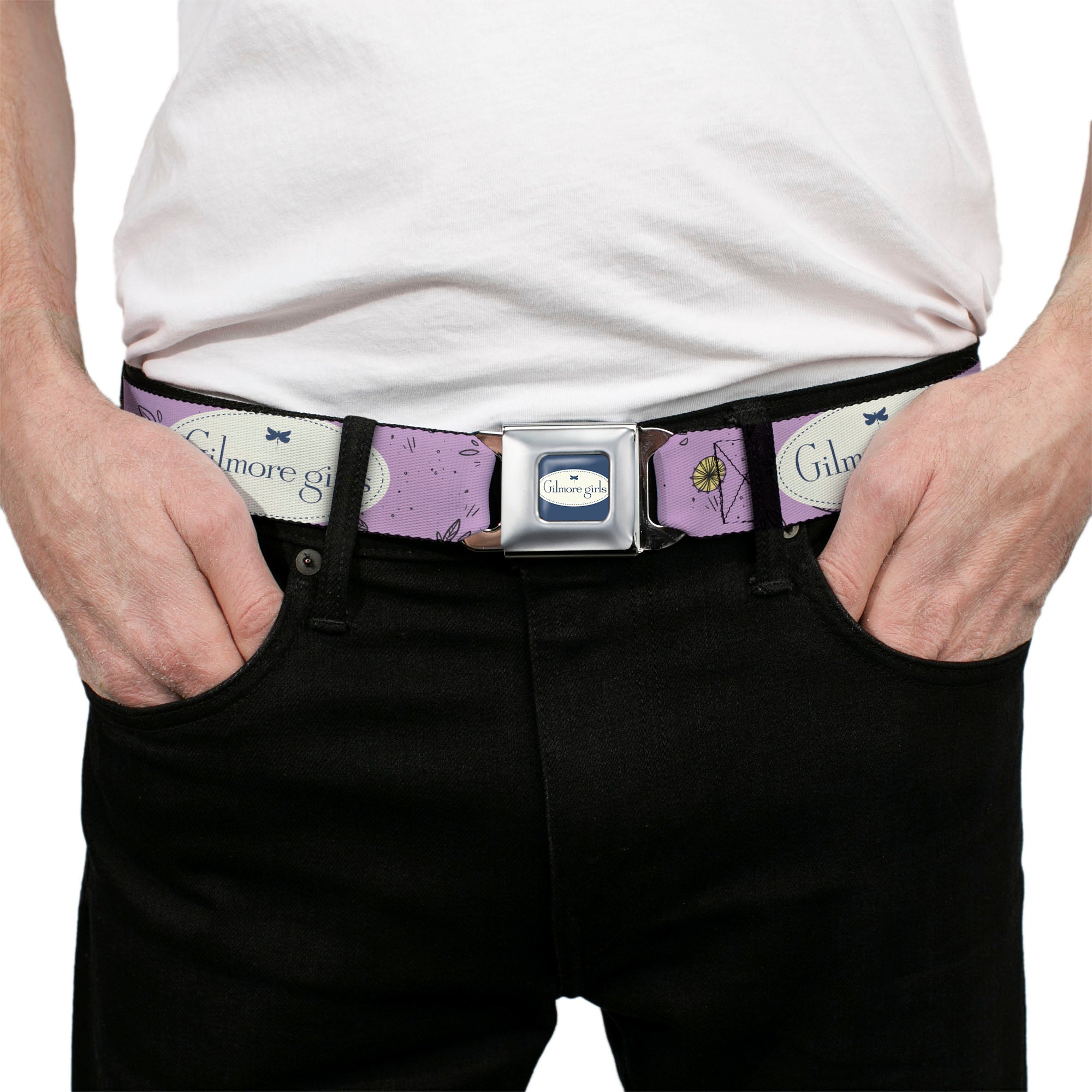 GILMORE GIRLS Title Logo Full Color Blue/White Seatbelt Belt - GILMORE GIRLS Title Logo and Flower Petals Lavender/White/Blue Webbing Seatbelt Belts Gilmore Girls