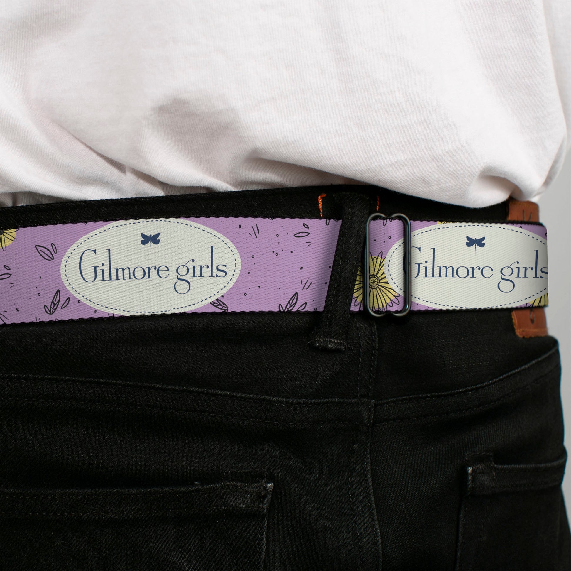 GILMORE GIRLS Title Logo Full Color Blue/White Seatbelt Belt - GILMORE GIRLS Title Logo and Flower Petals Lavender/White/Blue Webbing Seatbelt Belts Gilmore Girls