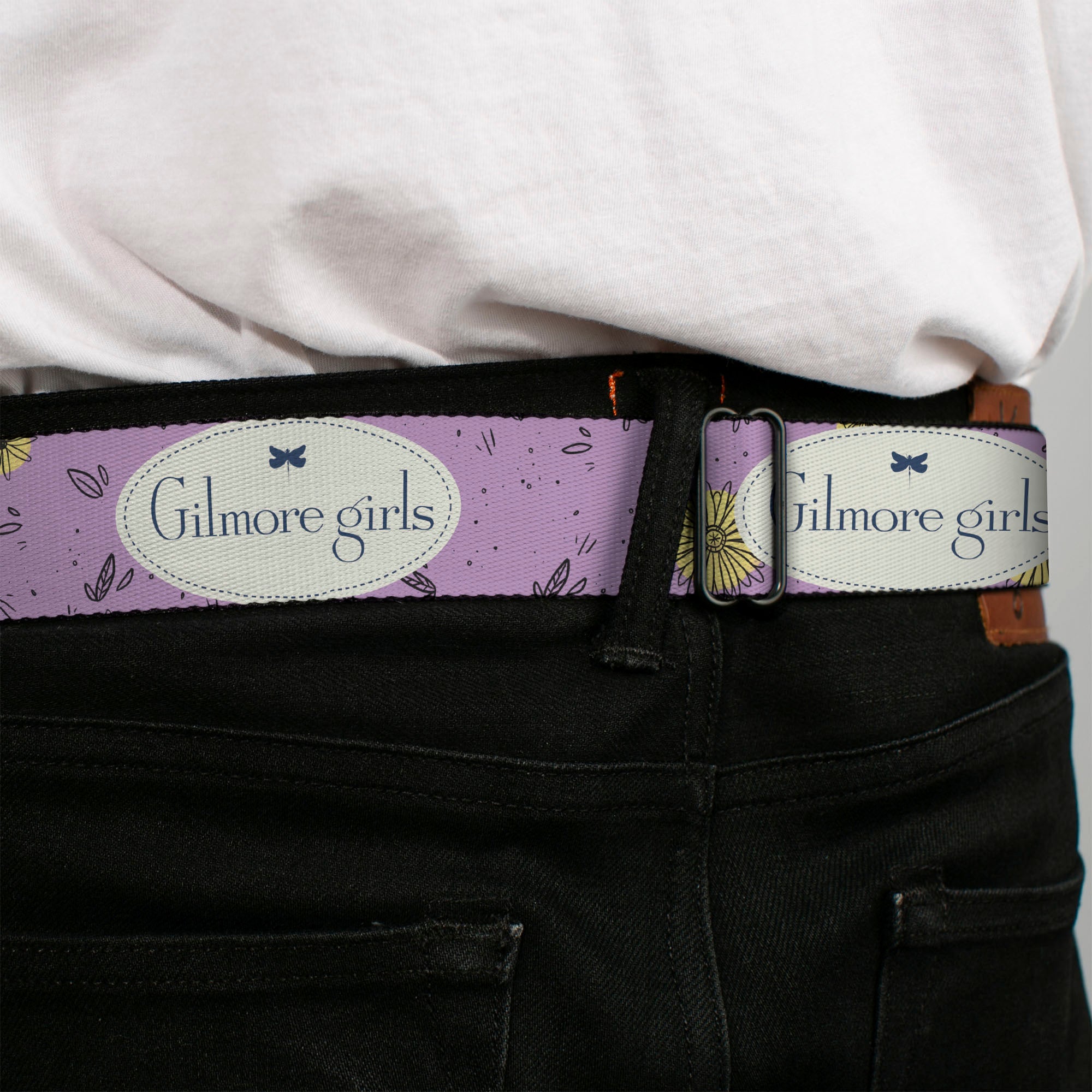GILMORE GIRLS Title Logo Full Color Blue/White Seatbelt Belt - GILMORE GIRLS Title Logo and Flower Petals Lavender/White/Blue Webbing Seatbelt Belts Gilmore Girls