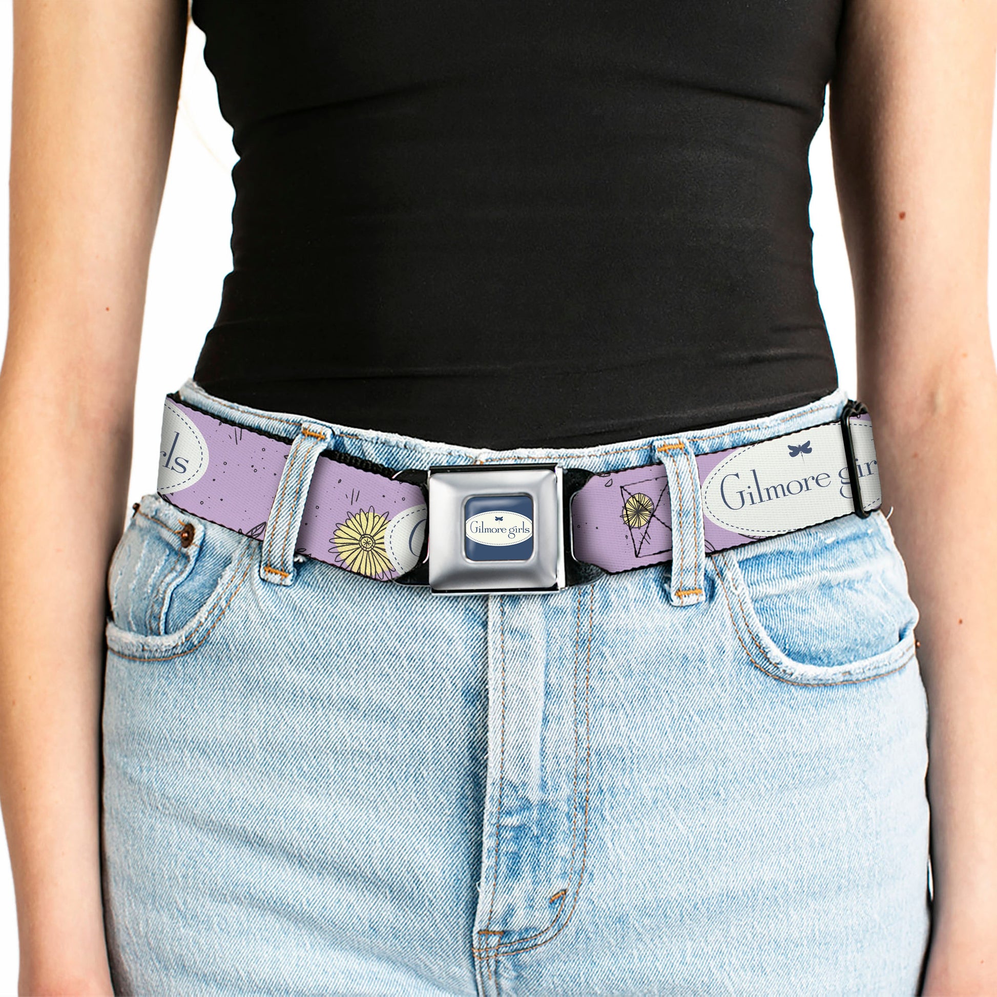 GILMORE GIRLS Title Logo Full Color Blue/White Seatbelt Belt - GILMORE GIRLS Title Logo and Flower Petals Lavender/White/Blue Webbing Seatbelt Belts Gilmore Girls