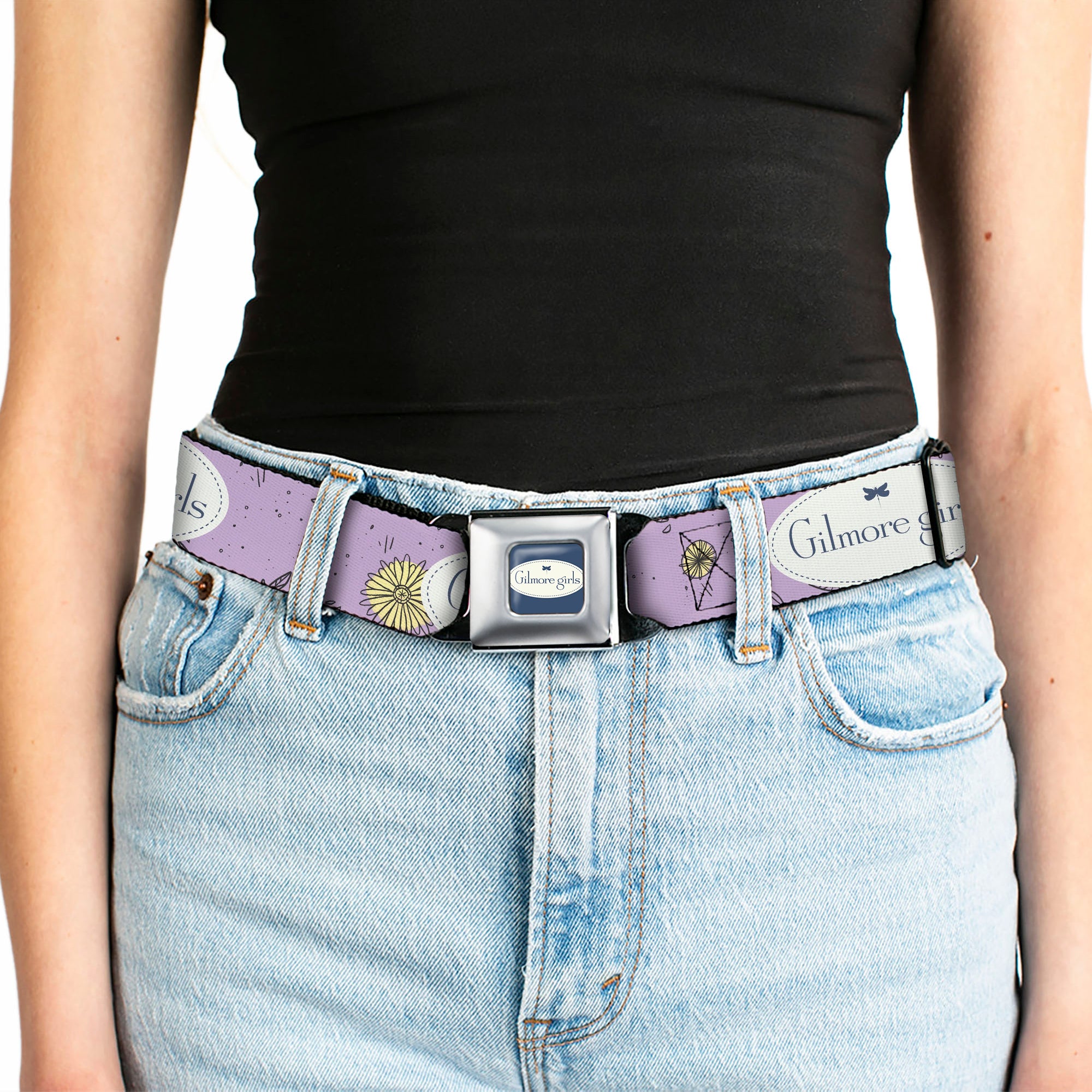 GILMORE GIRLS Title Logo Full Color Blue/White Seatbelt Belt - GILMORE GIRLS Title Logo and Flower Petals Lavender/White/Blue Webbing Seatbelt Belts Gilmore Girls