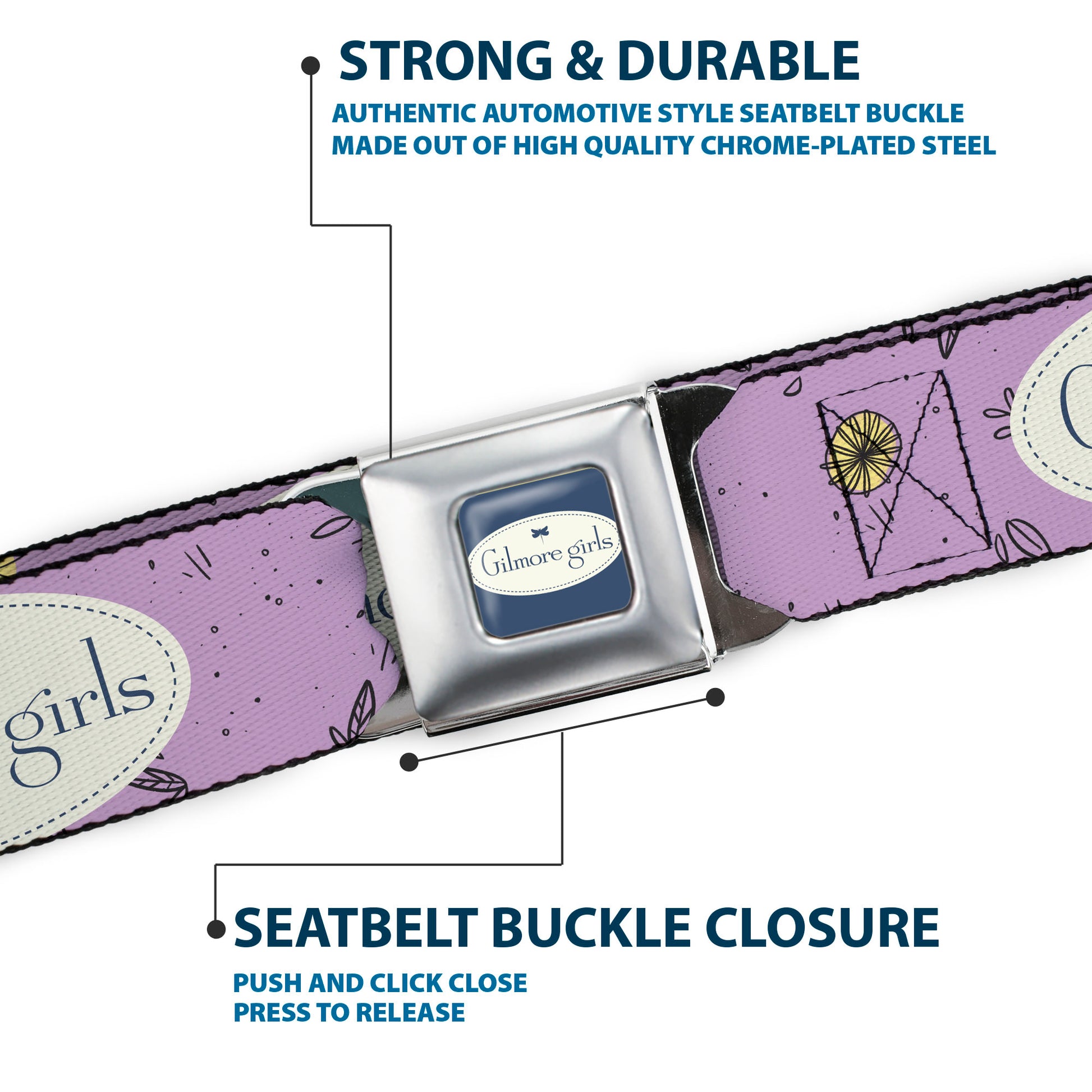 GILMORE GIRLS Title Logo Full Color Blue/White Seatbelt Belt - GILMORE GIRLS Title Logo and Flower Petals Lavender/White/Blue Webbing Seatbelt Belts Gilmore Girls