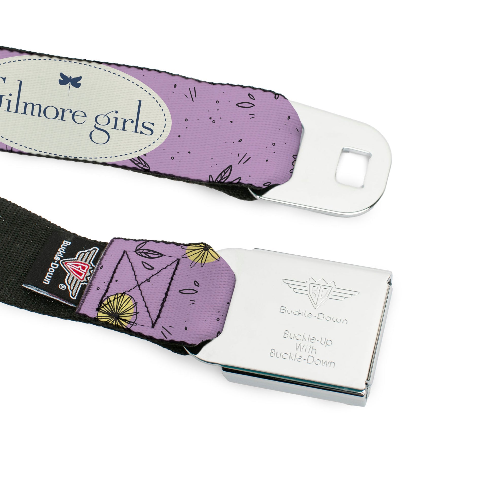 GILMORE GIRLS Title Logo Full Color Blue/White Seatbelt Belt - GILMORE GIRLS Title Logo and Flower Petals Lavender/White/Blue Webbing Seatbelt Belts Gilmore Girls