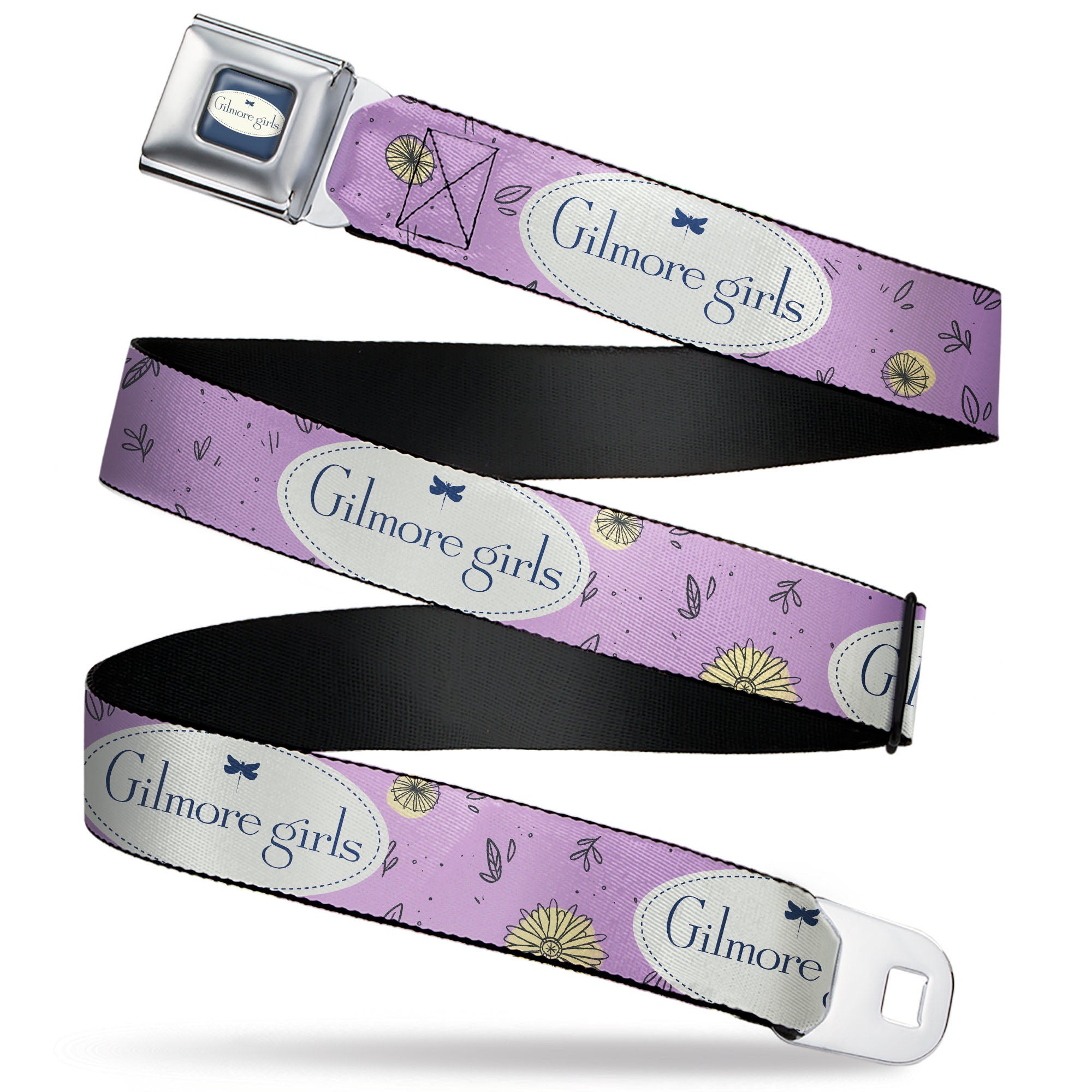 GILMORE GIRLS Title Logo Full Color Blue/White Seatbelt Belt - GILMORE GIRLS Title Logo and Flower Petals Lavender/White/Blue Webbing Seatbelt Belts Gilmore Girls