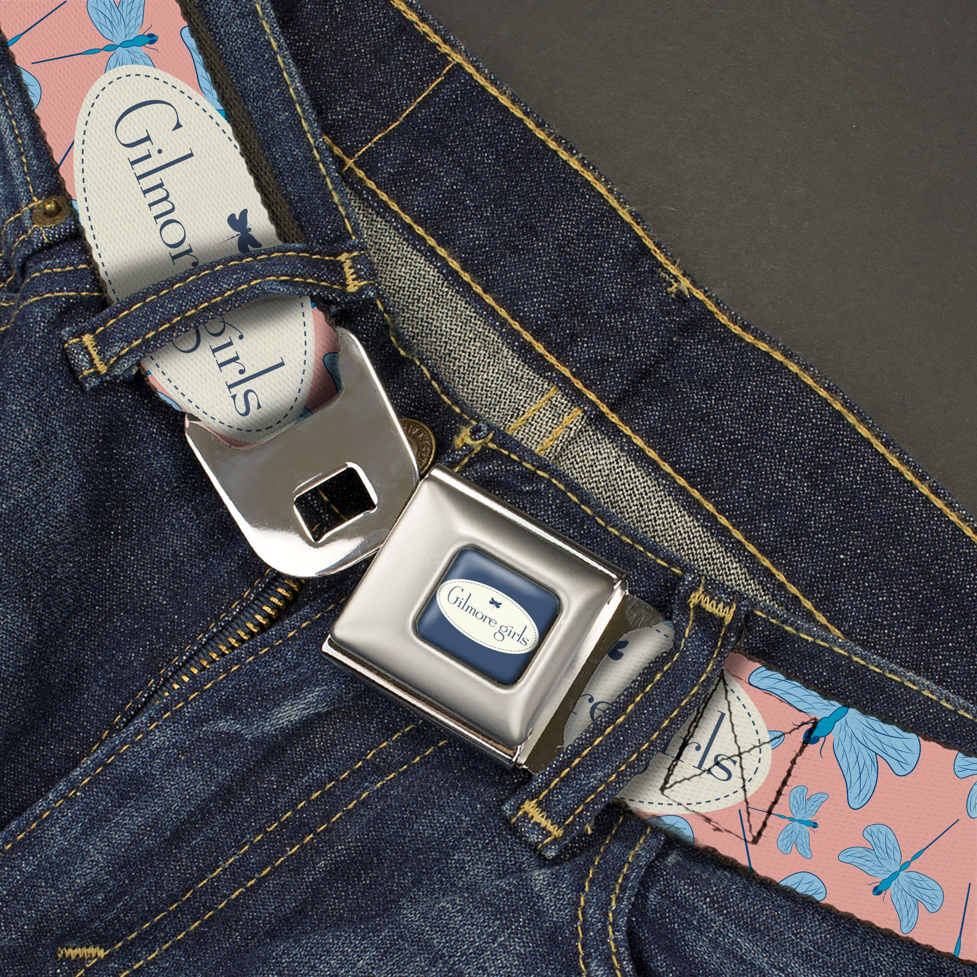 GILMORE GIRLS Title Logo Full Color Blue/White Seatbelt Belt - GILMORE GIRLS Title Logo and Dragon Flies Scattered Pink/White/Blues Webbing Seatbelt Belts Gilmore Girls