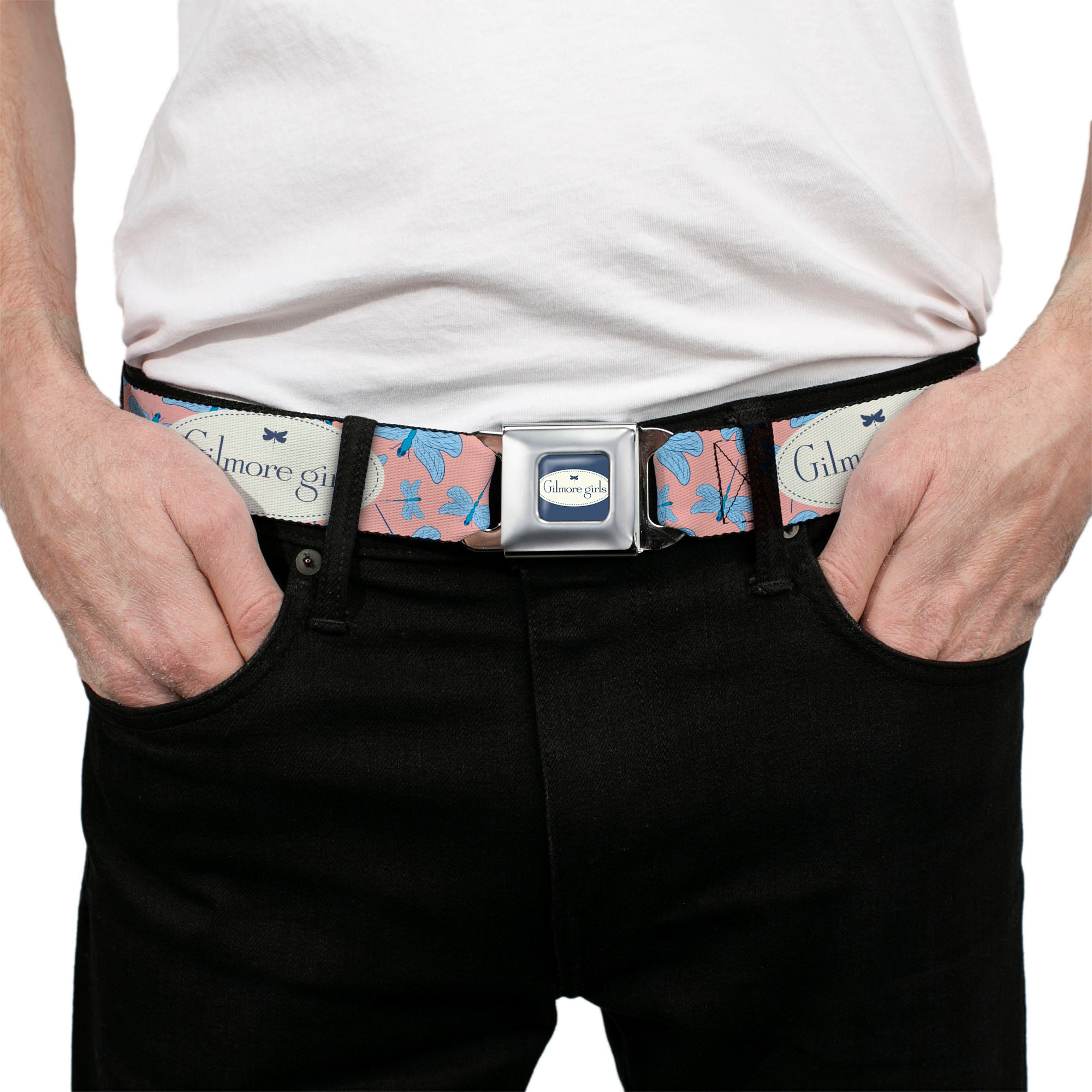 GILMORE GIRLS Title Logo Full Color Blue/White Seatbelt Belt - GILMORE GIRLS Title Logo and Dragon Flies Scattered Pink/White/Blues Webbing Seatbelt Belts Gilmore Girls