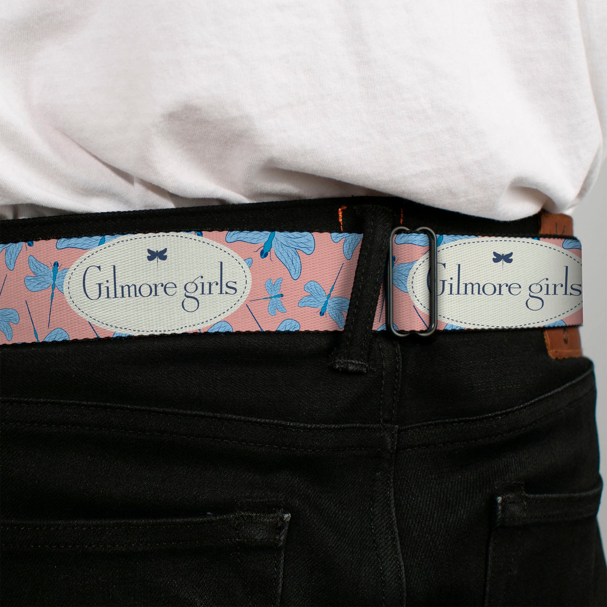 GILMORE GIRLS Title Logo Full Color Blue/White Seatbelt Belt - GILMORE GIRLS Title Logo and Dragon Flies Scattered Pink/White/Blues Webbing Seatbelt Belts Gilmore Girls