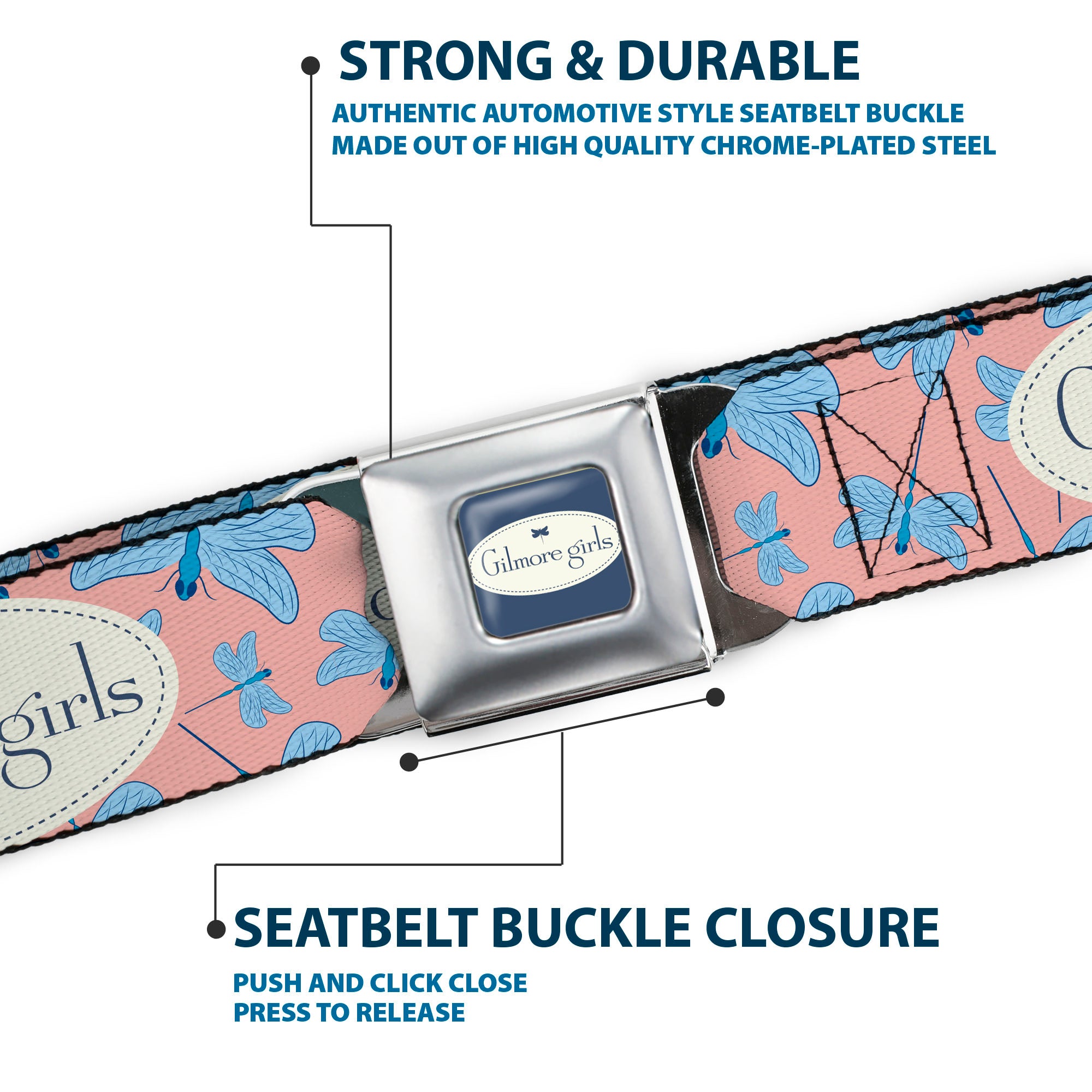 GILMORE GIRLS Title Logo Full Color Blue/White Seatbelt Belt - GILMORE GIRLS Title Logo and Dragon Flies Scattered Pink/White/Blues Webbing Seatbelt Belts Gilmore Girls