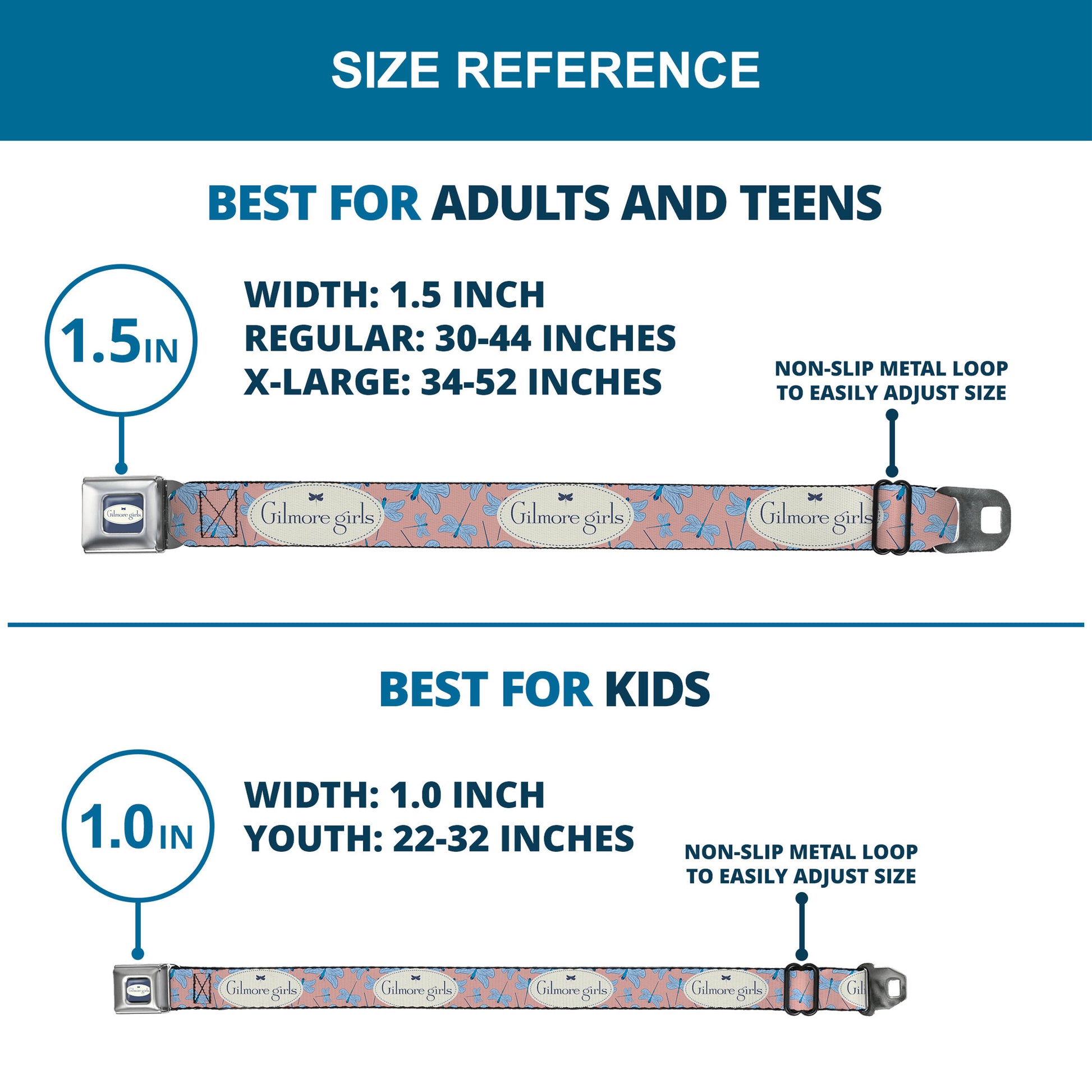 GILMORE GIRLS Title Logo Full Color Blue/White Seatbelt Belt - GILMORE GIRLS Title Logo and Dragon Flies Scattered Pink/White/Blues Webbing Seatbelt Belts Gilmore Girls