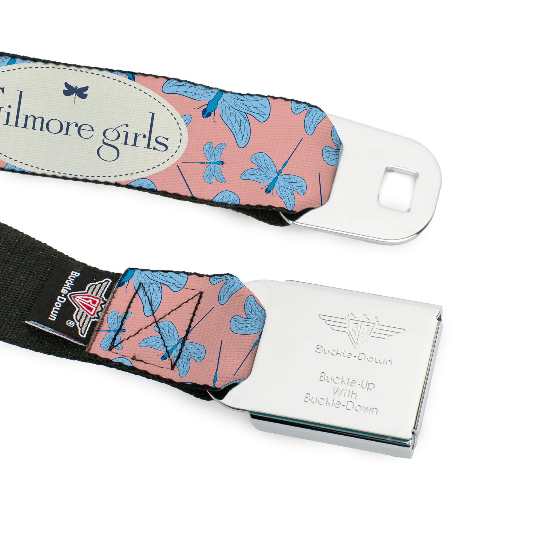 GILMORE GIRLS Title Logo Full Color Blue/White Seatbelt Belt - GILMORE GIRLS Title Logo and Dragon Flies Scattered Pink/White/Blues Webbing Seatbelt Belts Gilmore Girls