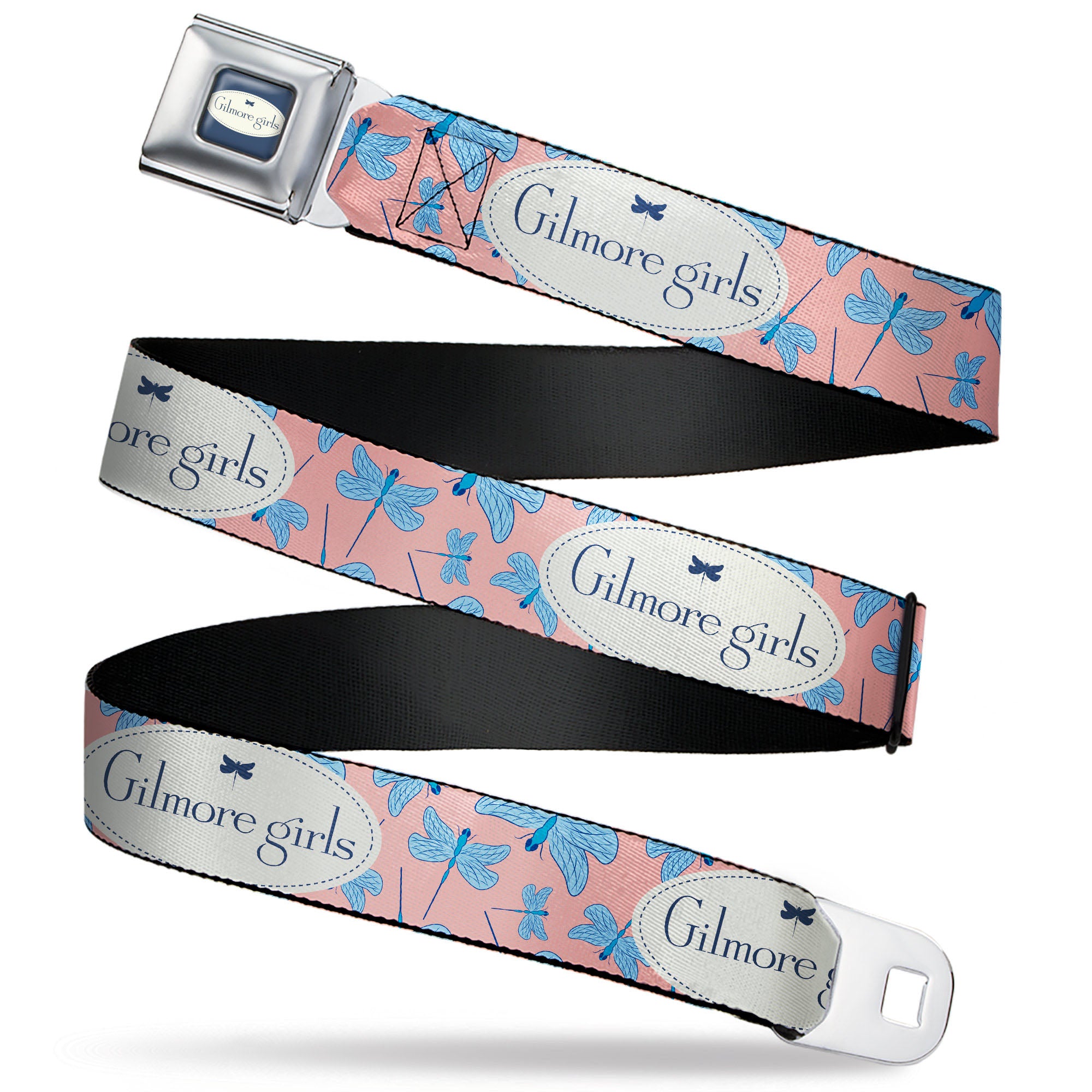 GILMORE GIRLS Title Logo Full Color Blue/White Seatbelt Belt - GILMORE GIRLS Title Logo and Dragon Flies Scattered Pink/White/Blues Webbing Seatbelt Belts Gilmore Girls
