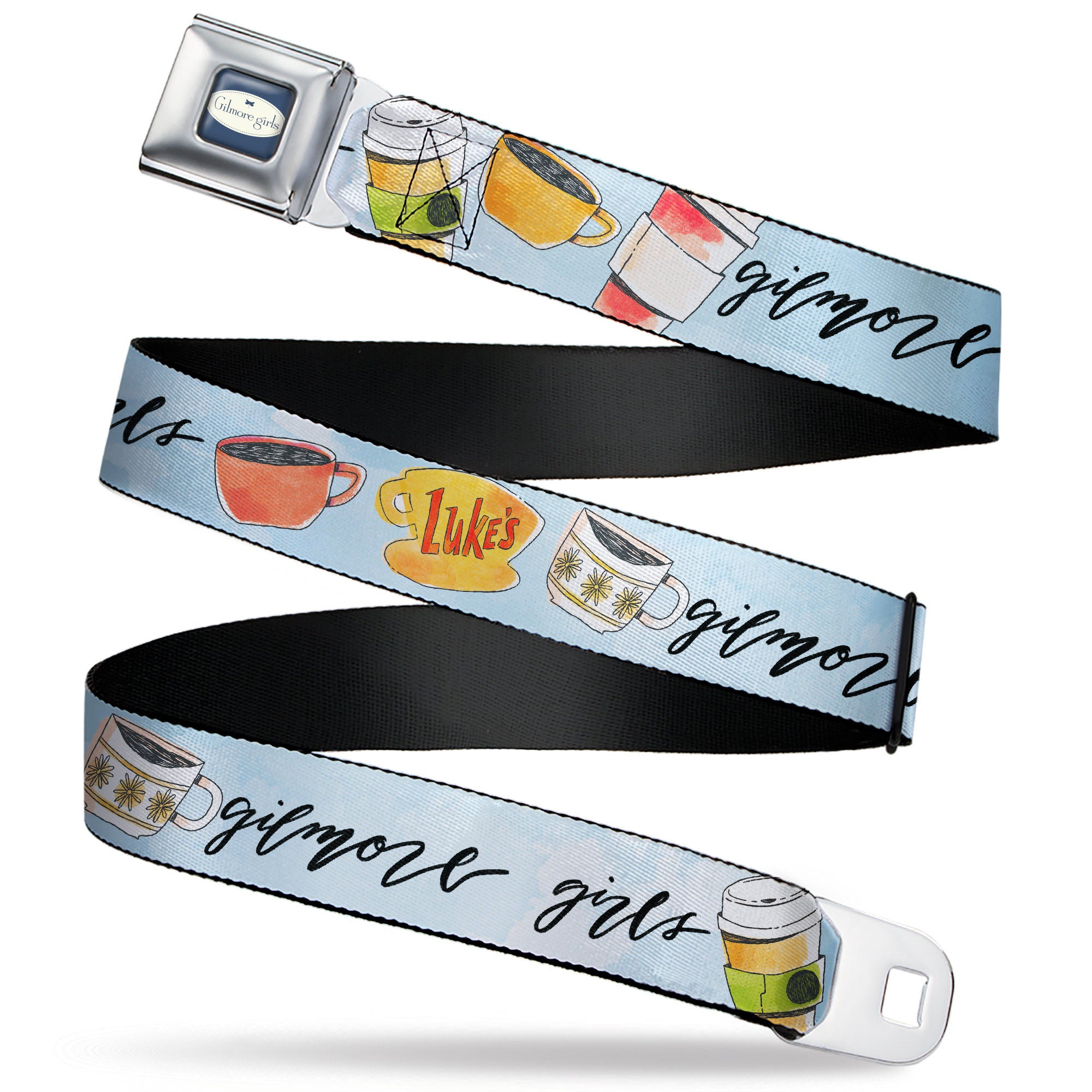 GILMORE GIRLS Title Logo Full Color Blue/White Seatbelt Belt - GILMORE GIRLS Luke's Coffee Shop Icons and Script Blue Webbing Seatbelt Belts Gilmore Girls