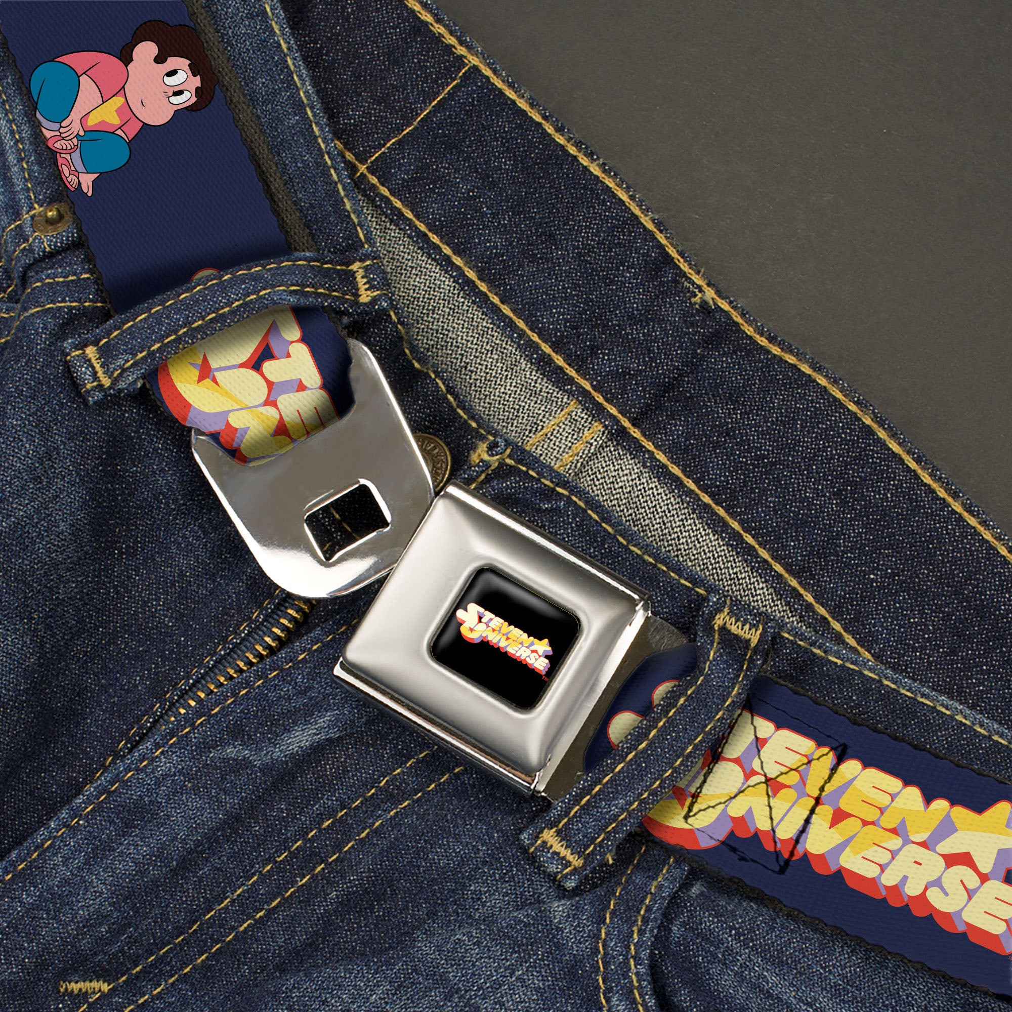 STEVEN UNIVERSE Title Logo Full Color Black Seatbelt Belt - STEVEN UNIVERSE Sitting Pose and Title Logo Navy Blue Webbing Seatbelt Belts Steven Universe
