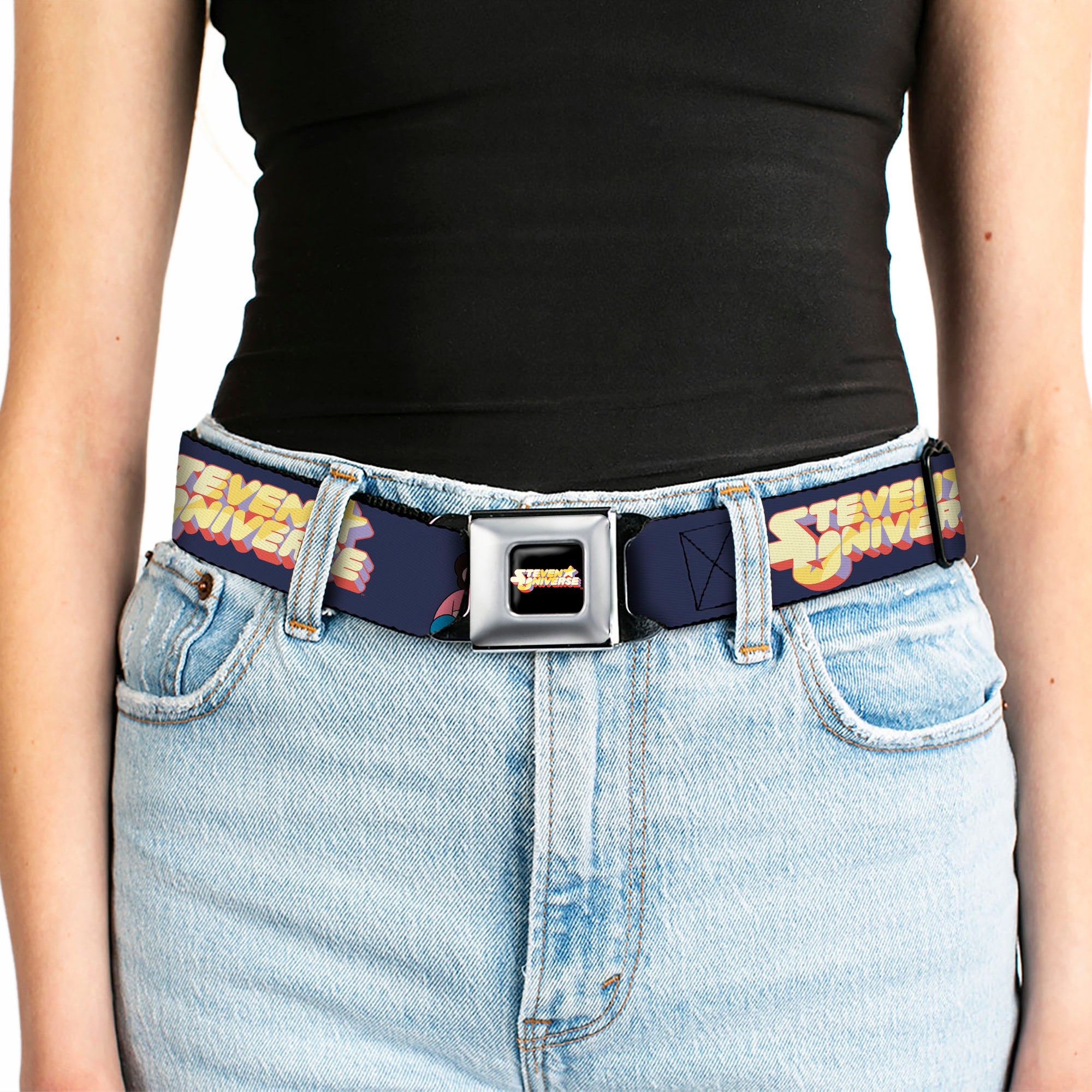 STEVEN UNIVERSE Title Logo Full Color Black Seatbelt Belt - STEVEN UNIVERSE Sitting Pose and Title Logo Navy Blue Webbing Seatbelt Belts Steven Universe