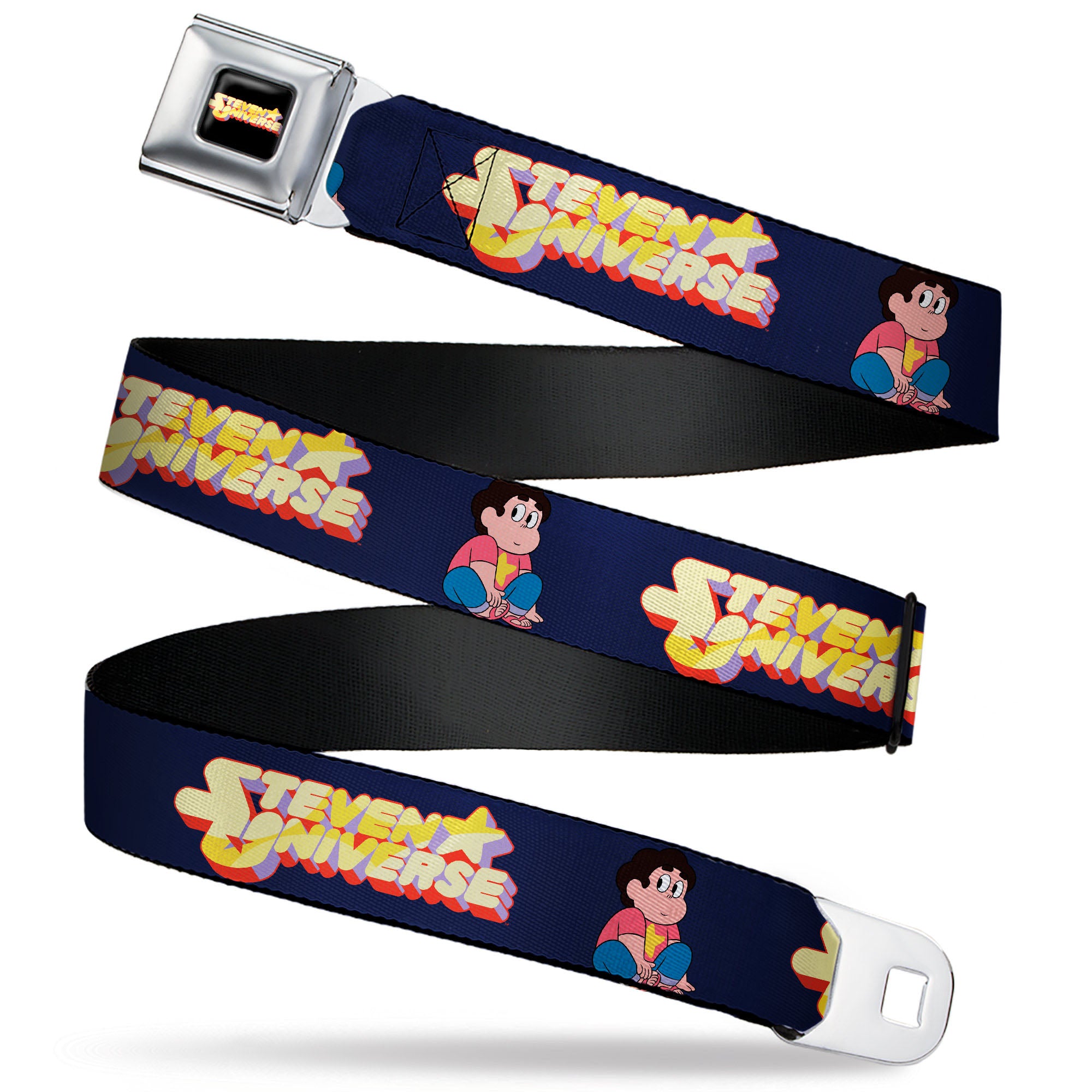 STEVEN UNIVERSE Title Logo Full Color Black Seatbelt Belt - STEVEN UNIVERSE Sitting Pose and Title Logo Navy Blue Webbing Seatbelt Belts Steven Universe