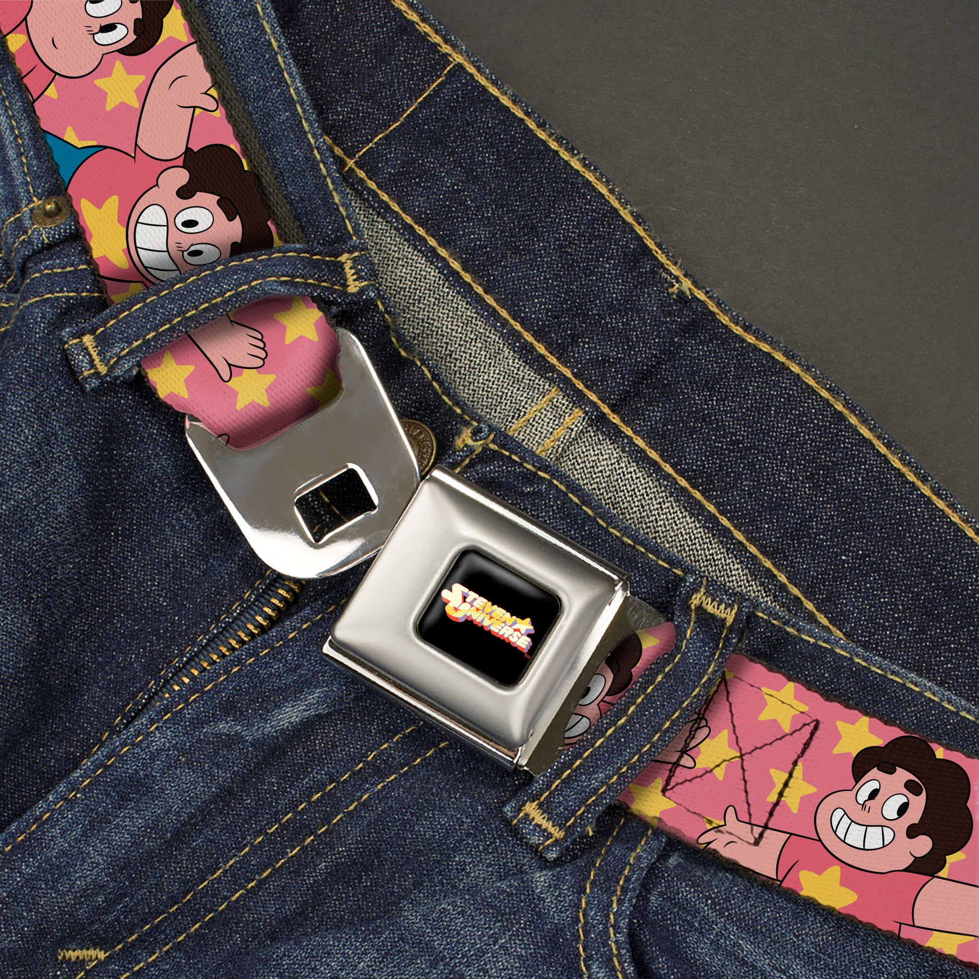 STEVEN UNIVERSE Title Logo Full Color Black Seatbelt Belt - Steven Universe Poses and Stars Pink/Yellow Webbing Seatbelt Belts Steven Universe