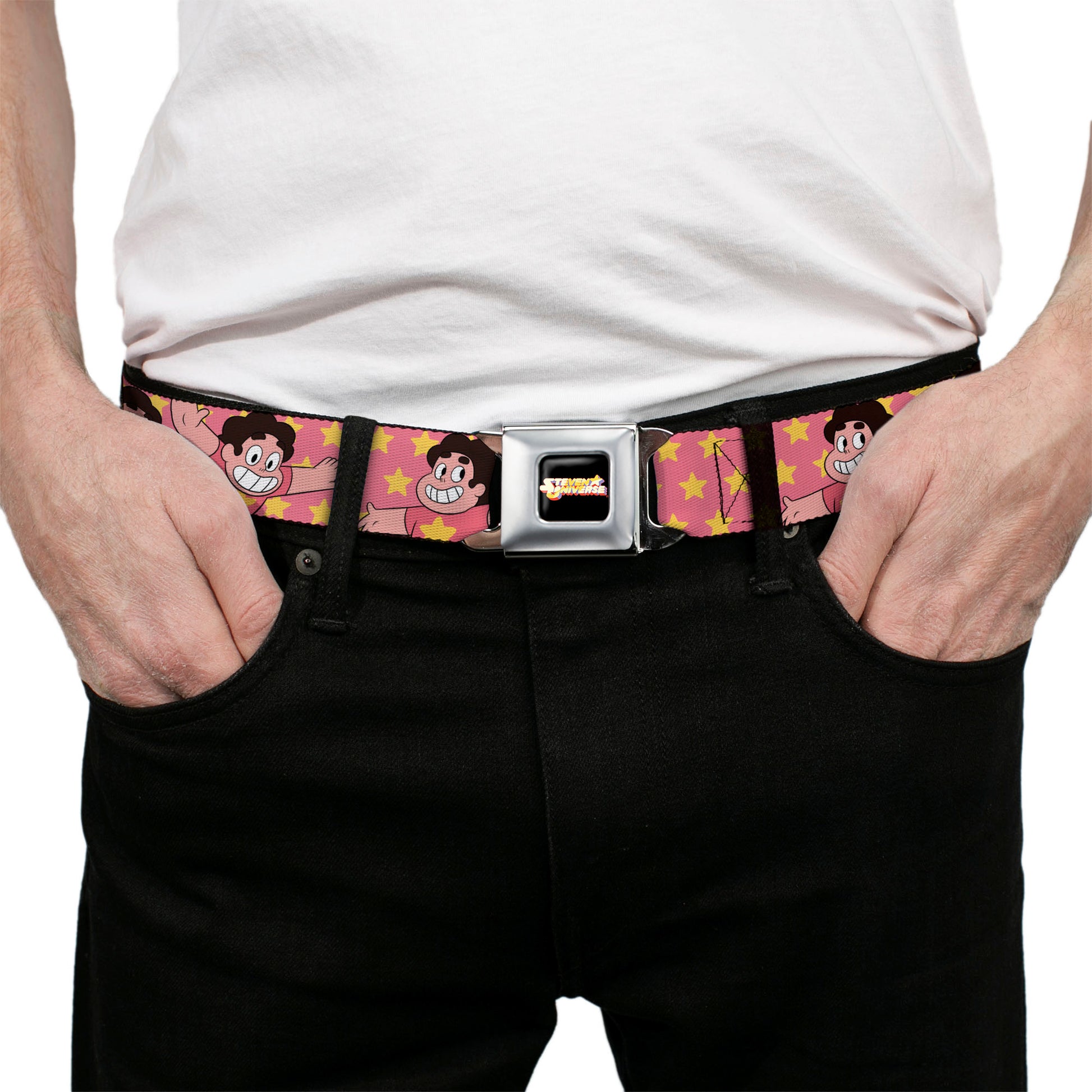 STEVEN UNIVERSE Title Logo Full Color Black Seatbelt Belt - Steven Universe Poses and Stars Pink/Yellow Webbing Seatbelt Belts Steven Universe