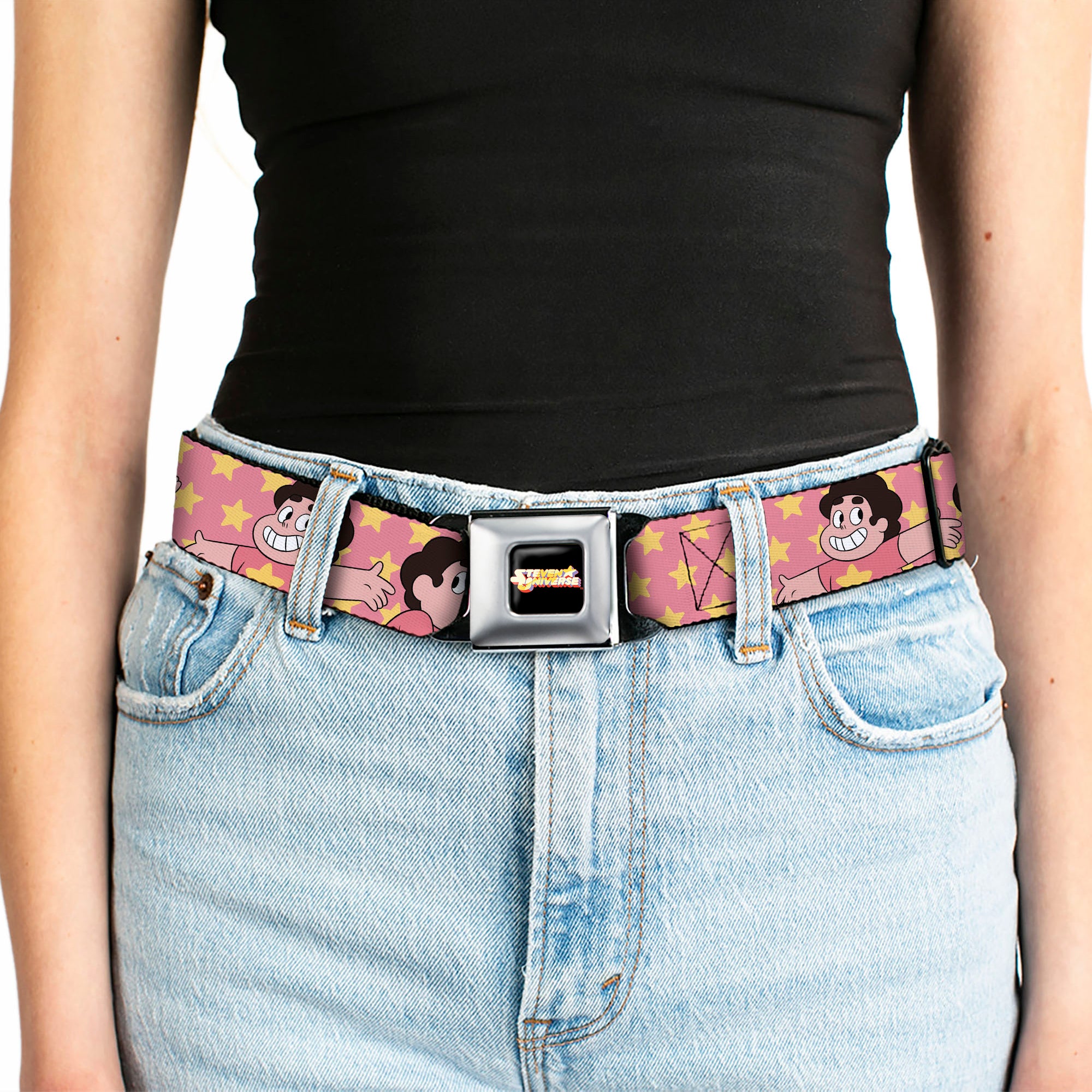 STEVEN UNIVERSE Title Logo Full Color Black Seatbelt Belt - Steven Universe Poses and Stars Pink/Yellow Webbing Seatbelt Belts Steven Universe