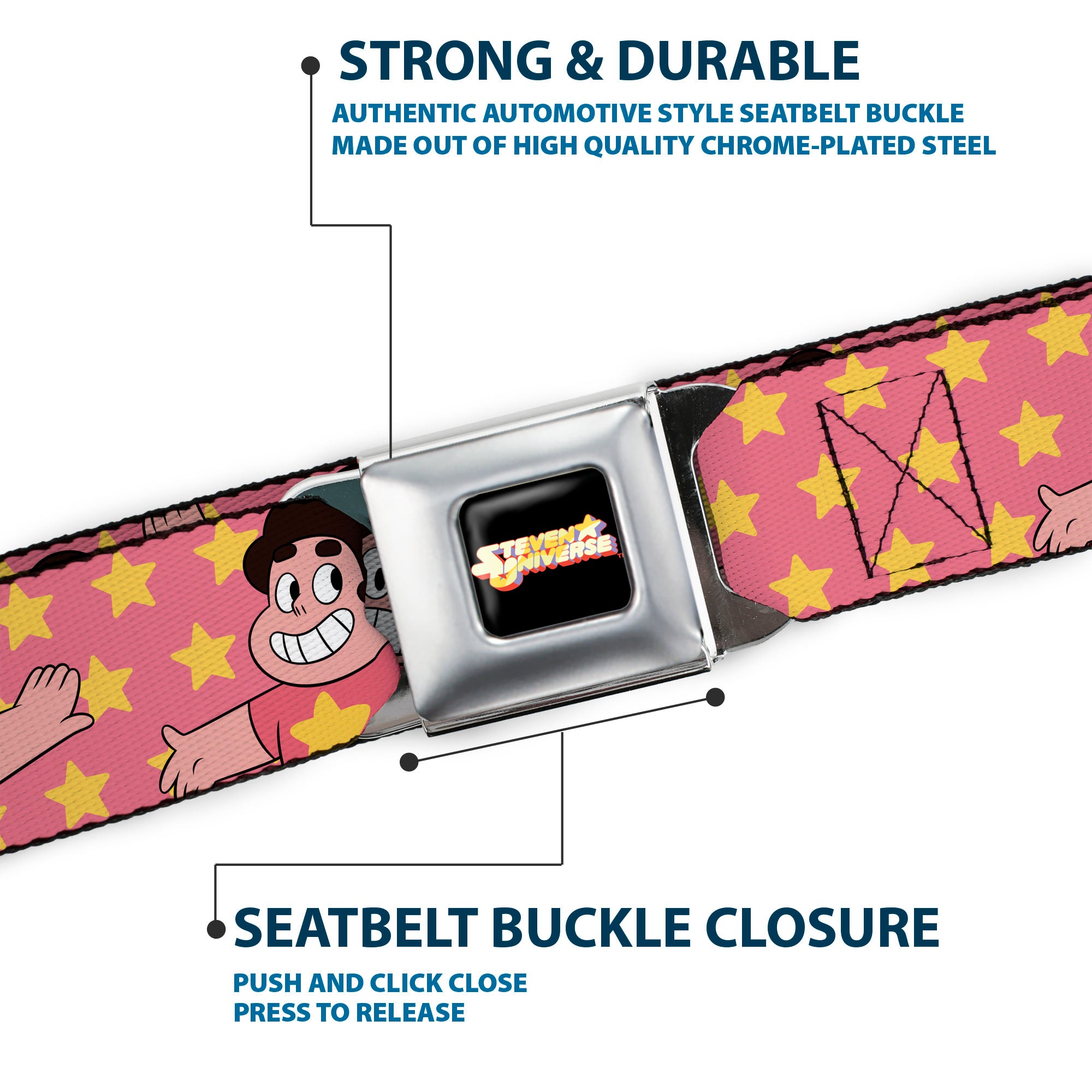 STEVEN UNIVERSE Title Logo Full Color Black Seatbelt Belt - Steven Universe Poses and Stars Pink/Yellow Webbing Seatbelt Belts Steven Universe