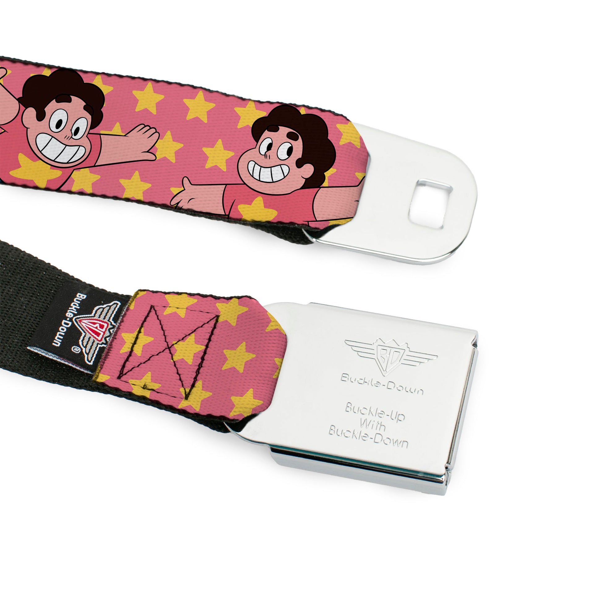 STEVEN UNIVERSE Title Logo Full Color Black Seatbelt Belt - Steven Universe Poses and Stars Pink/Yellow Webbing Seatbelt Belts Steven Universe