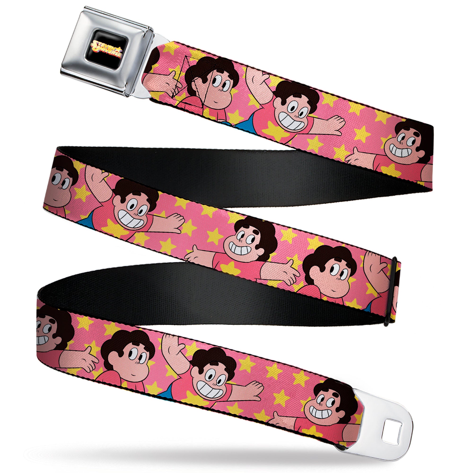 STEVEN UNIVERSE Title Logo Full Color Black Seatbelt Belt - Steven Universe Poses and Stars Pink/Yellow Webbing Seatbelt Belts Steven Universe