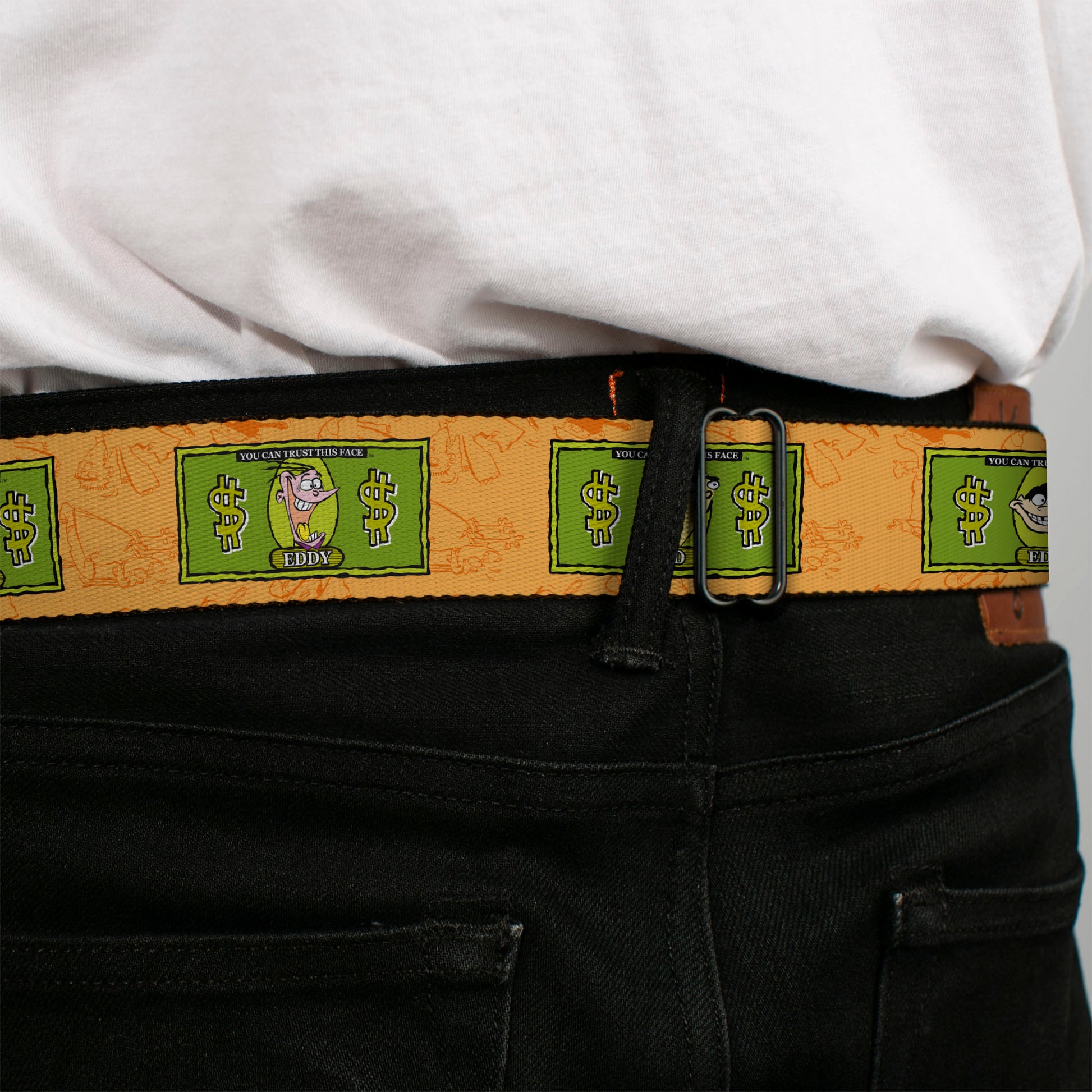 ED EDD N EDDY Title Logo Full Color Black/White/Red Seatbelt Belt - Ed Edd n Eddy Money Notes and Icons Orange/Greens Webbing Seatbelt Belts Ed, Edd n Eddy