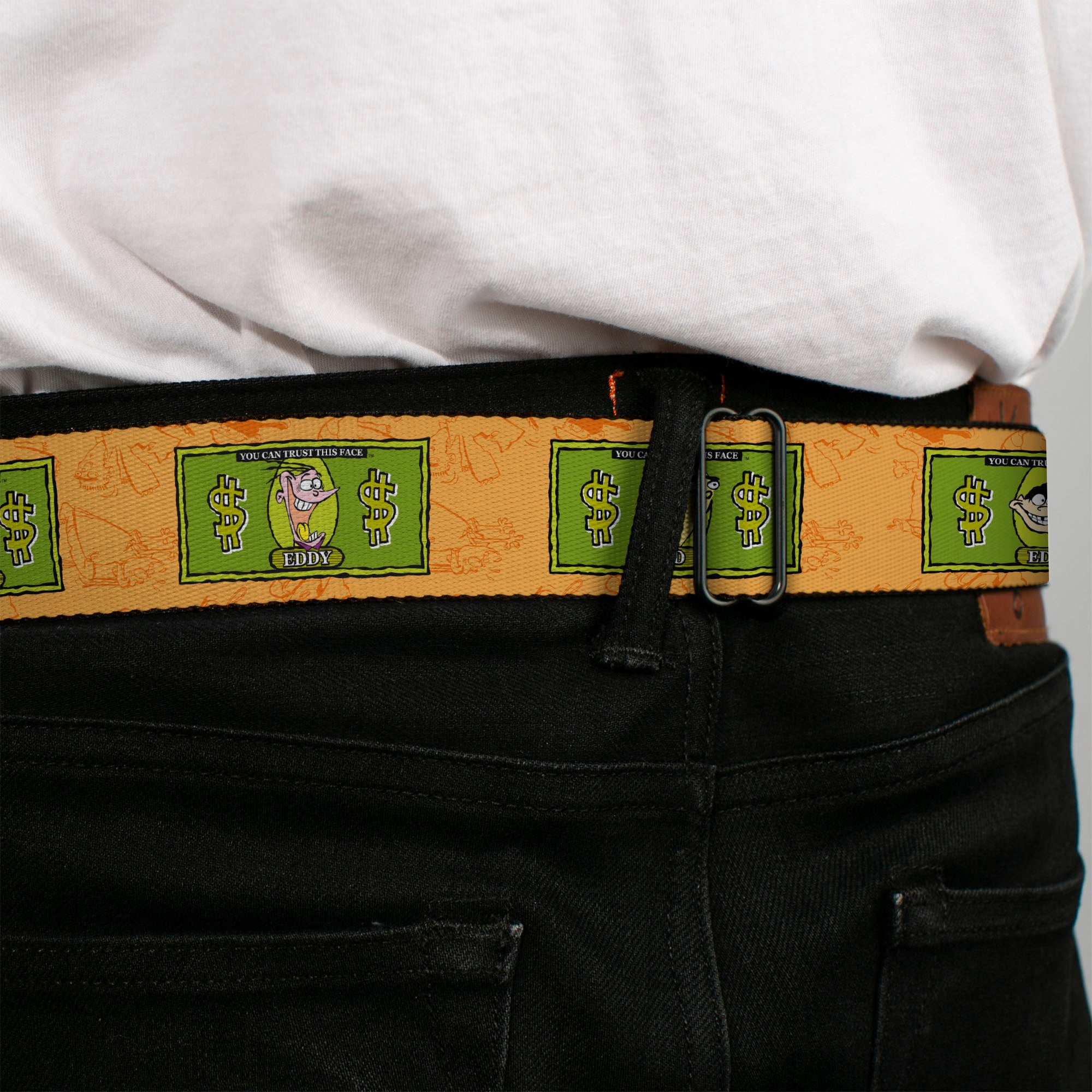 ED EDD N EDDY Title Logo Full Color Black/White/Red Seatbelt Belt - Ed Edd n Eddy Money Notes and Icons Orange/Greens Webbing Seatbelt Belts Ed, Edd n Eddy