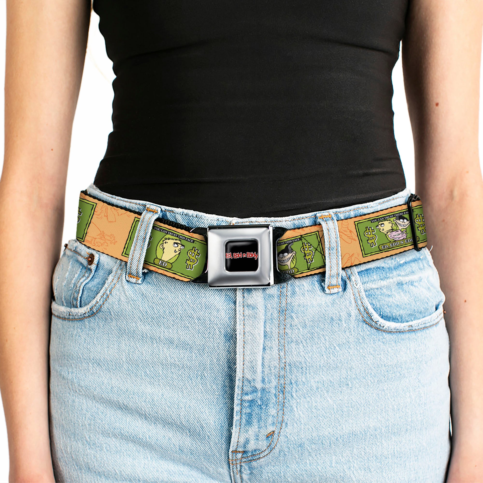 ED EDD N EDDY Title Logo Full Color Black/White/Red Seatbelt Belt - Ed Edd n Eddy Money Notes and Icons Orange/Greens Webbing Seatbelt Belts Ed, Edd n Eddy